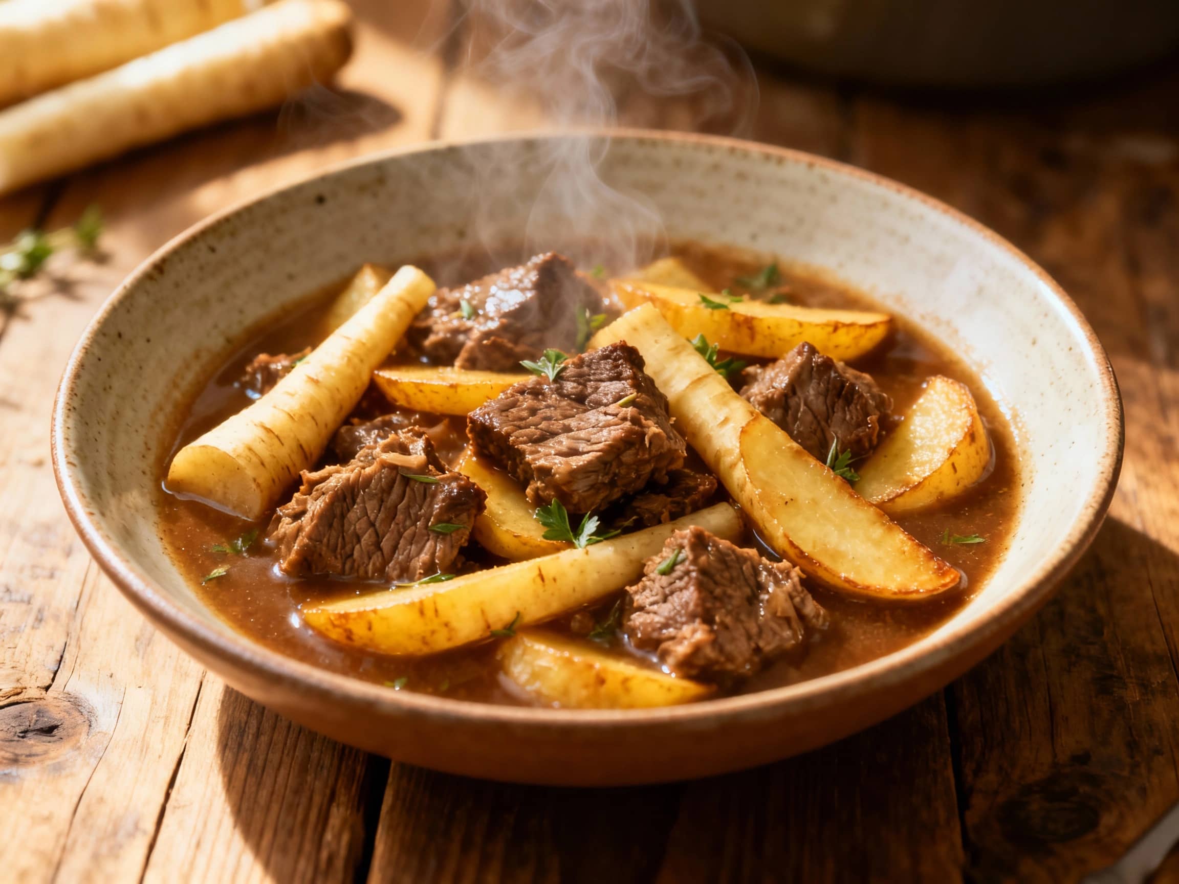 A rich, flavorful beef stew, brimming with tender chunks of meat and parsnips, is served steaming hot in a rustic ceramic bowl, garnished with fresh parsley.