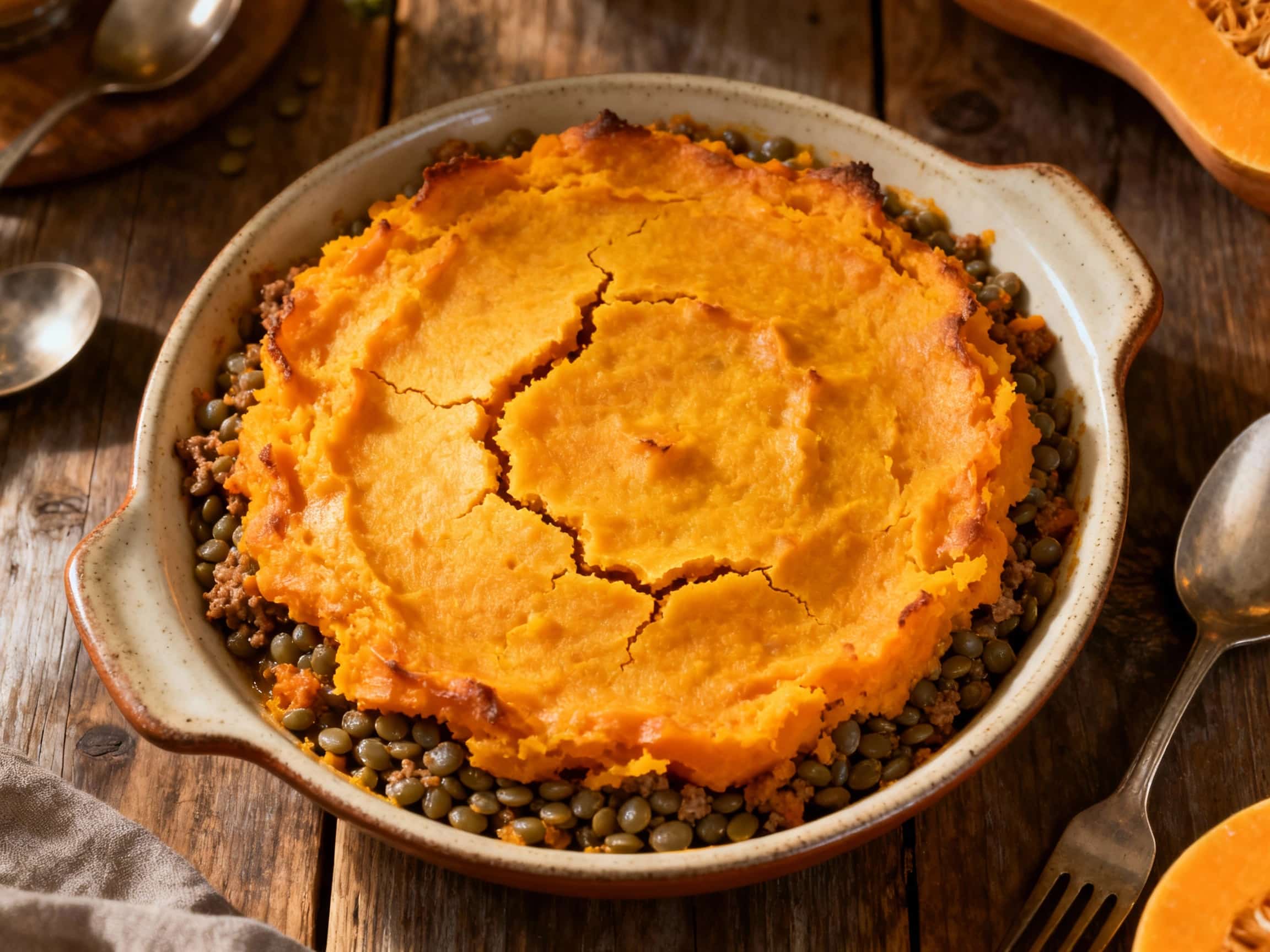 A golden-brown, bubbling butternut squash topping crowns a savory lentil filling in this comforting shepherd's pie, ready to be served.