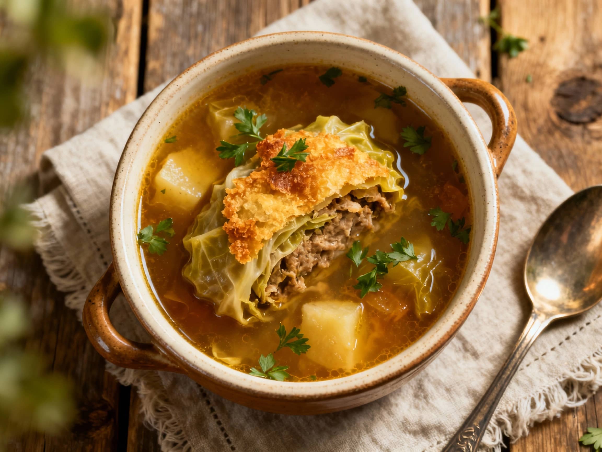 A steaming bowl of Chou Farci soup, filled with cabbage leaves and savory fillings, is presented invitingly with a dark, rustic background.