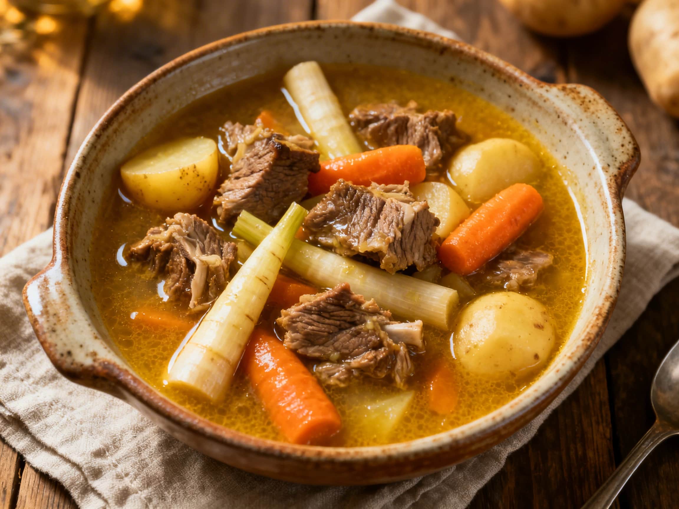 An overhead view of a steaming, rustic Irish lamb stew served in a dark cast-iron pot. The stew is rich with tender lamb pieces, substantial chunks of potatoes, bright carrots, and pale parsnips, all in a thick, savory, brown broth. Garnishings of fresh green thyme and rosemary sprigs are scattered across the top, enhancing its fresh appeal. The pot rests on a warm wooden surface, suggesting comfo