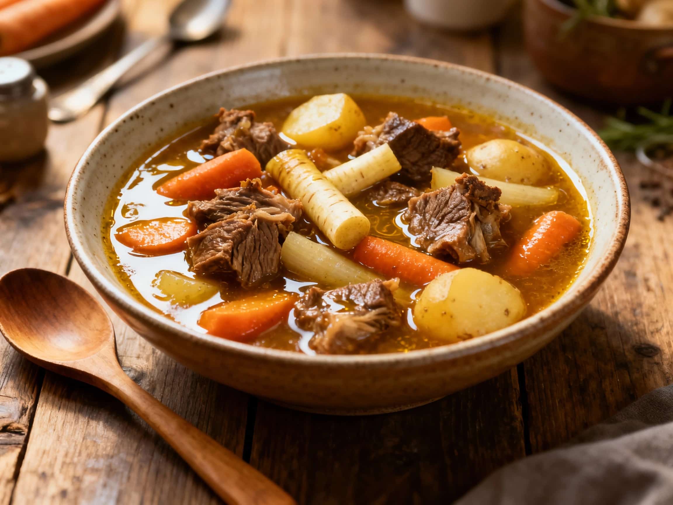 A warm, inviting image of a hearty lamb and root vegetable stew served in a rustic ceramic bowl. The stew features generous chunks of tender lamb, bright orange carrots, creamy parsnips, and tender potatoes, all bathed in a rich, savory brown broth. Fresh rosemary sprigs are scattered on top, adding a touch of vibrant green. The scene evokes a sense of comfort and home-cooked warmth, perfect for a