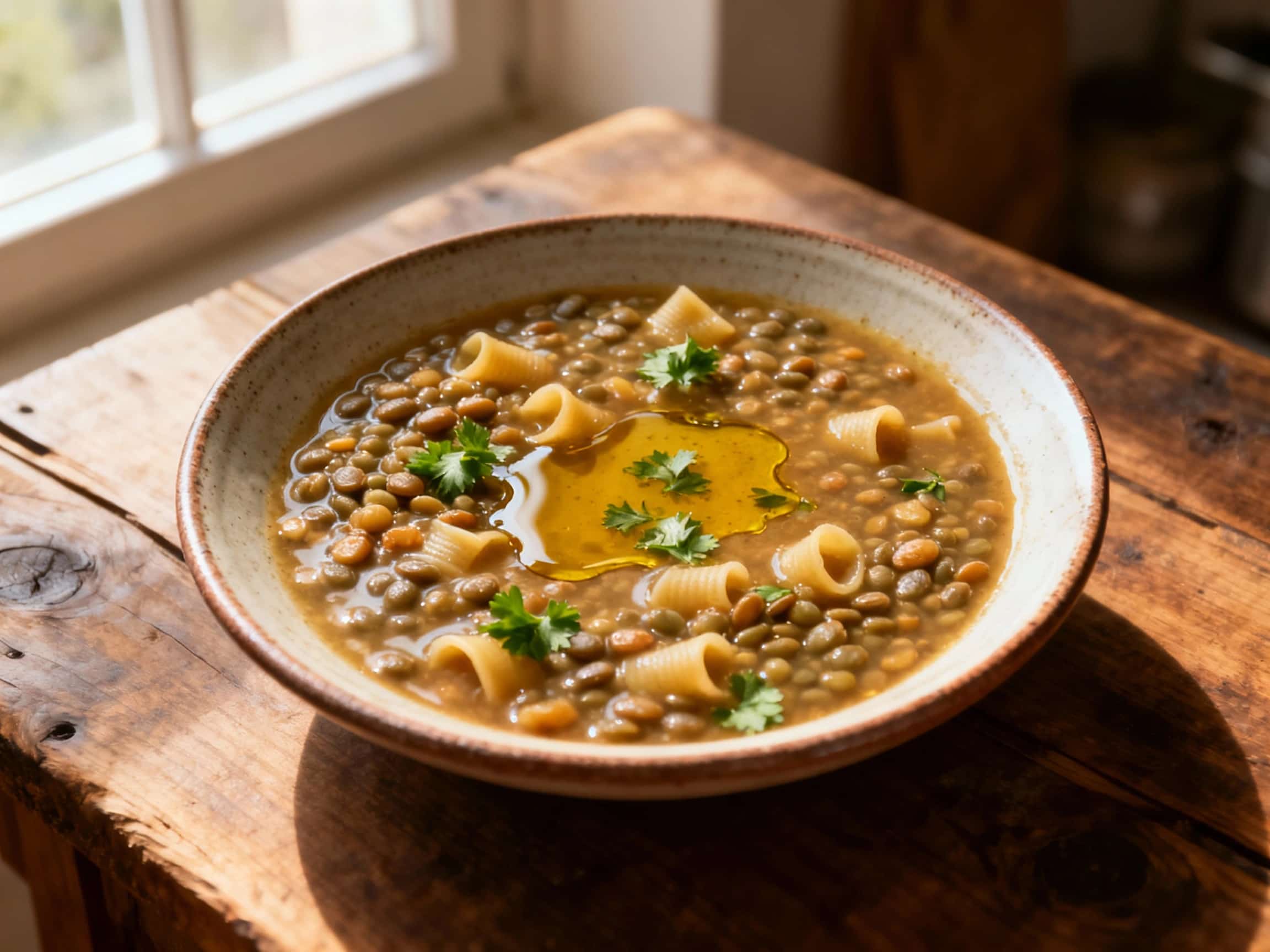 A steaming bowl of rich, dark lentil soup studded with tender pasta, garnished with a sprinkle of fresh parsley and a drizzle of olive oil, perfect for a cozy meal.