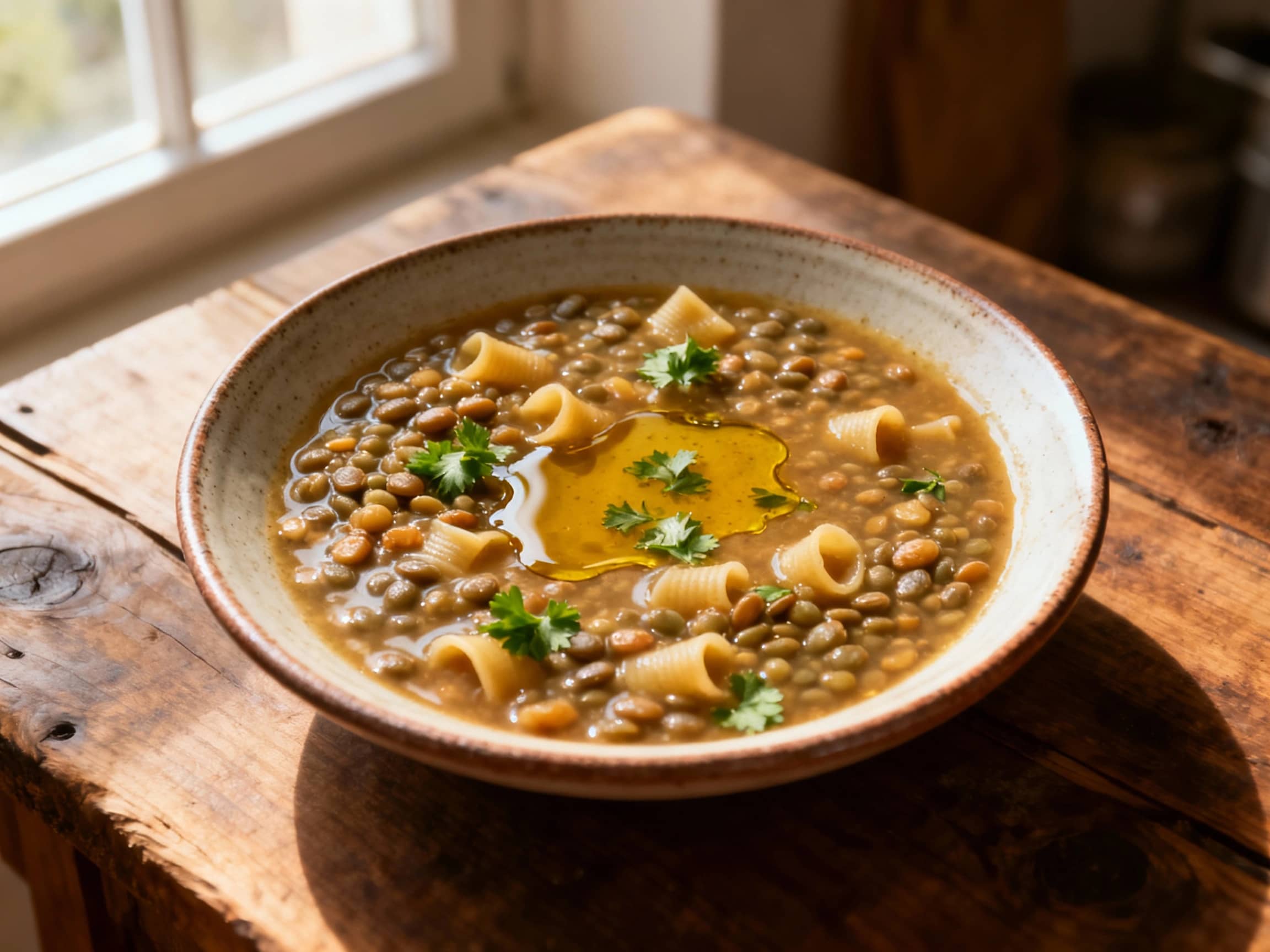A steaming bowl of rich, dark lentil soup studded with tender pasta, garnished with a sprinkle of fresh parsley and a drizzle of olive oil, perfect for a cozy meal.