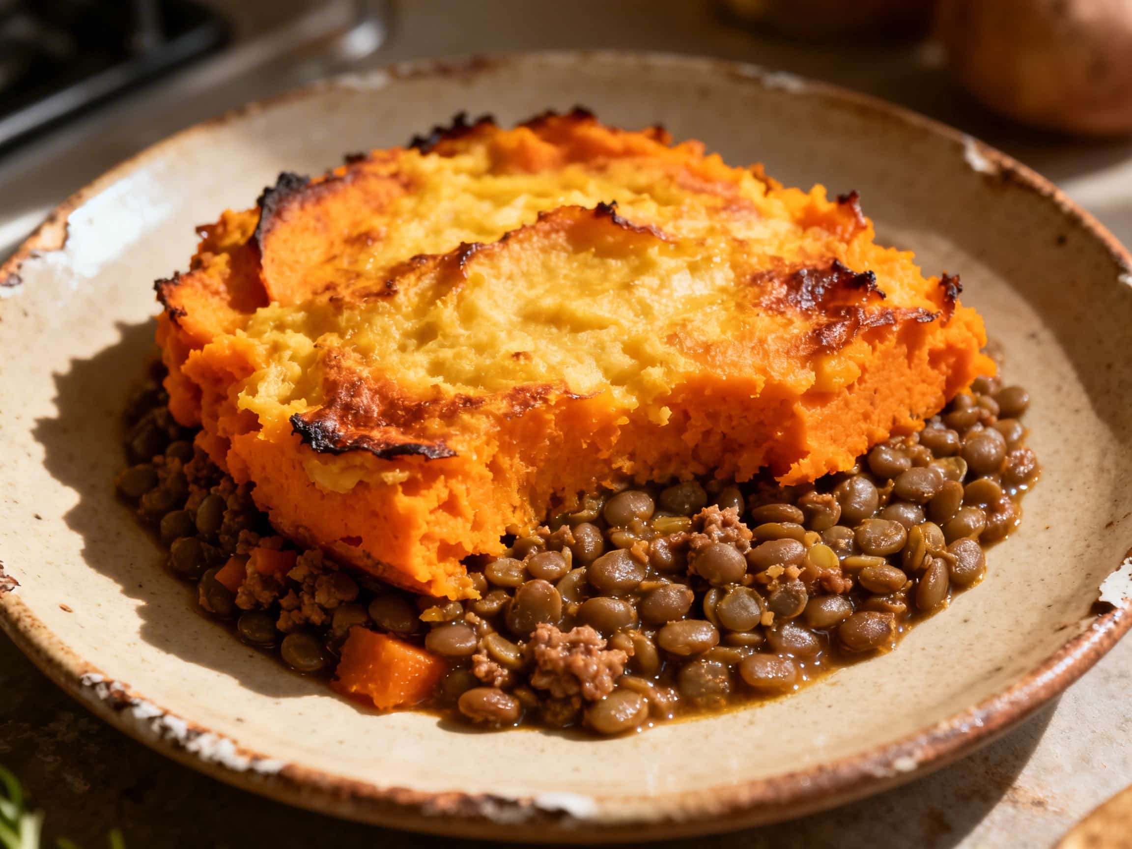 A rustic ceramic baking dish holds a perfectly baked vegan shepherd's pie. The top is a vibrant, golden-brown sweet potato mash, textured with fork marks, and garnished generously with fresh green parsley. Along the edges, a rich, dark lentil and mushroom filling bubbles enticingly, indicating its warmth and savory depth.