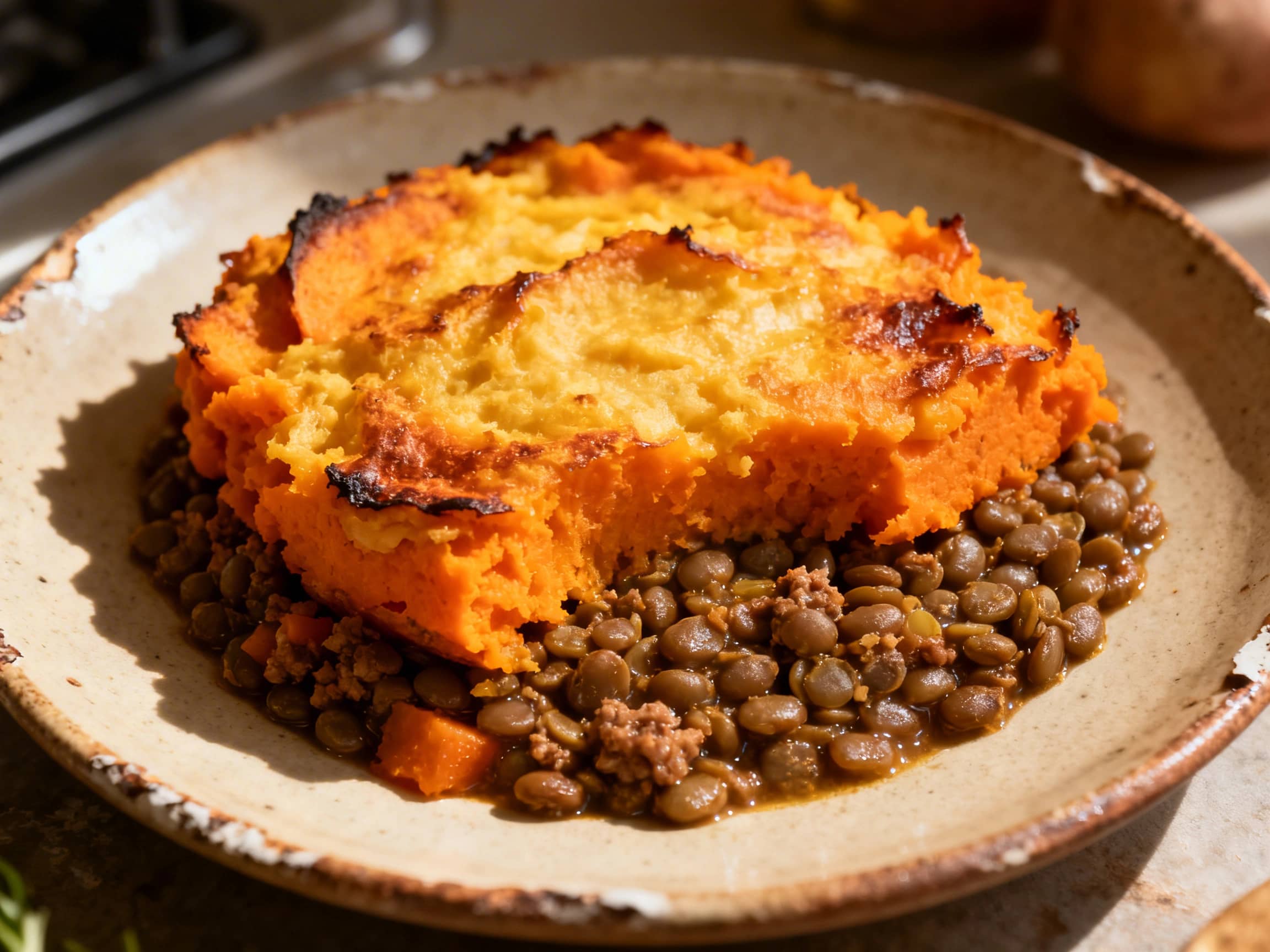 A rustic ceramic baking dish holds a perfectly baked vegan shepherd's pie. The top is a vibrant, golden-brown sweet potato mash, textured with fork marks, and garnished generously with fresh green parsley. Along the edges, a rich, dark lentil and mushroom filling bubbles enticingly, indicating its warmth and savory depth.