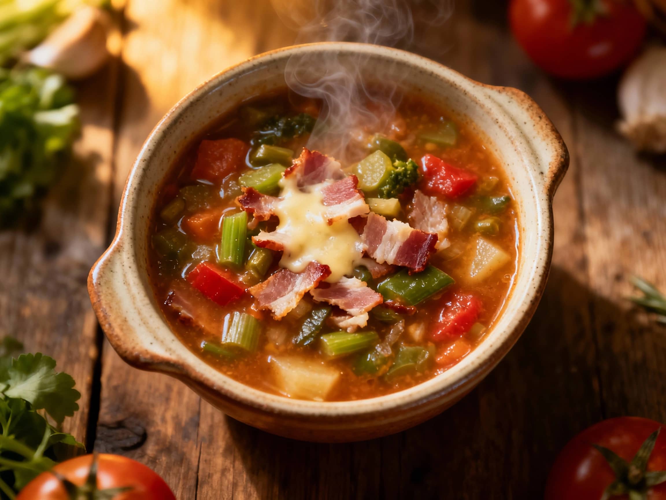 A steaming bowl of hearty minestrone soup is brimming with vegetables, pasta, and smoky pancetta, garnished with fresh parsley for a comforting and inviting meal.