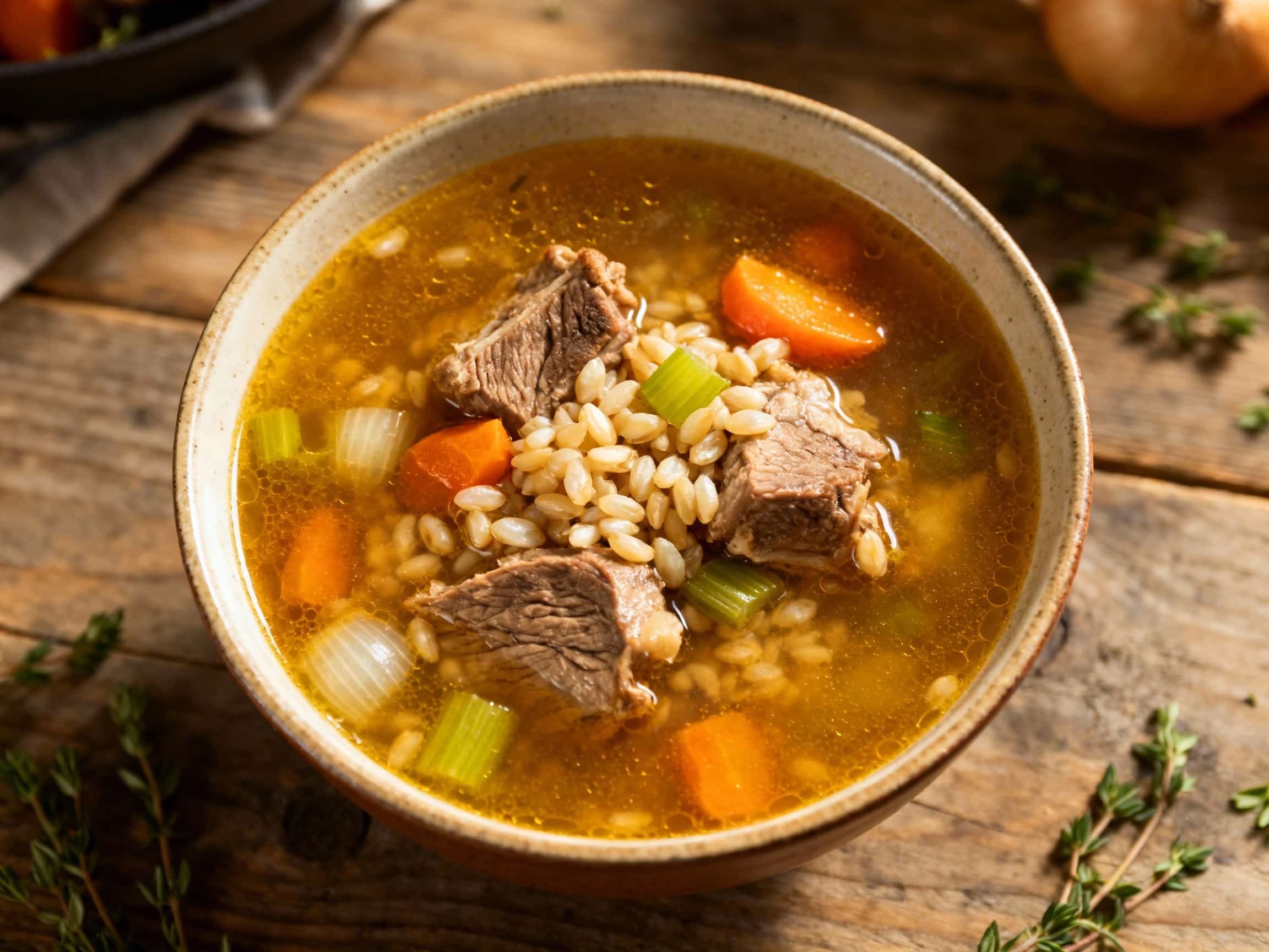 A rustic bowl of steaming mutton broth, brimming with tender barley and diced vegetables, is garnished with fresh parsley and served on a light-colored wooden table, creating a comforting and wholesome image.
