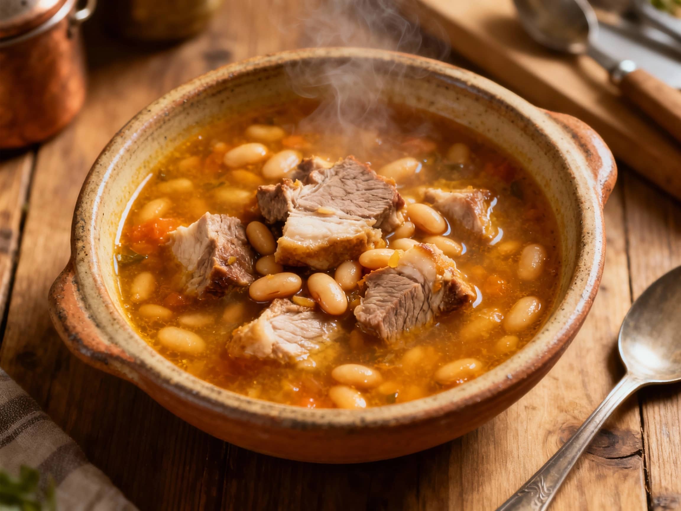 A thick, comforting pork and bean soup simmers in a rustic pot, garnished with fresh herbs and ready to warm you on a chilly day.