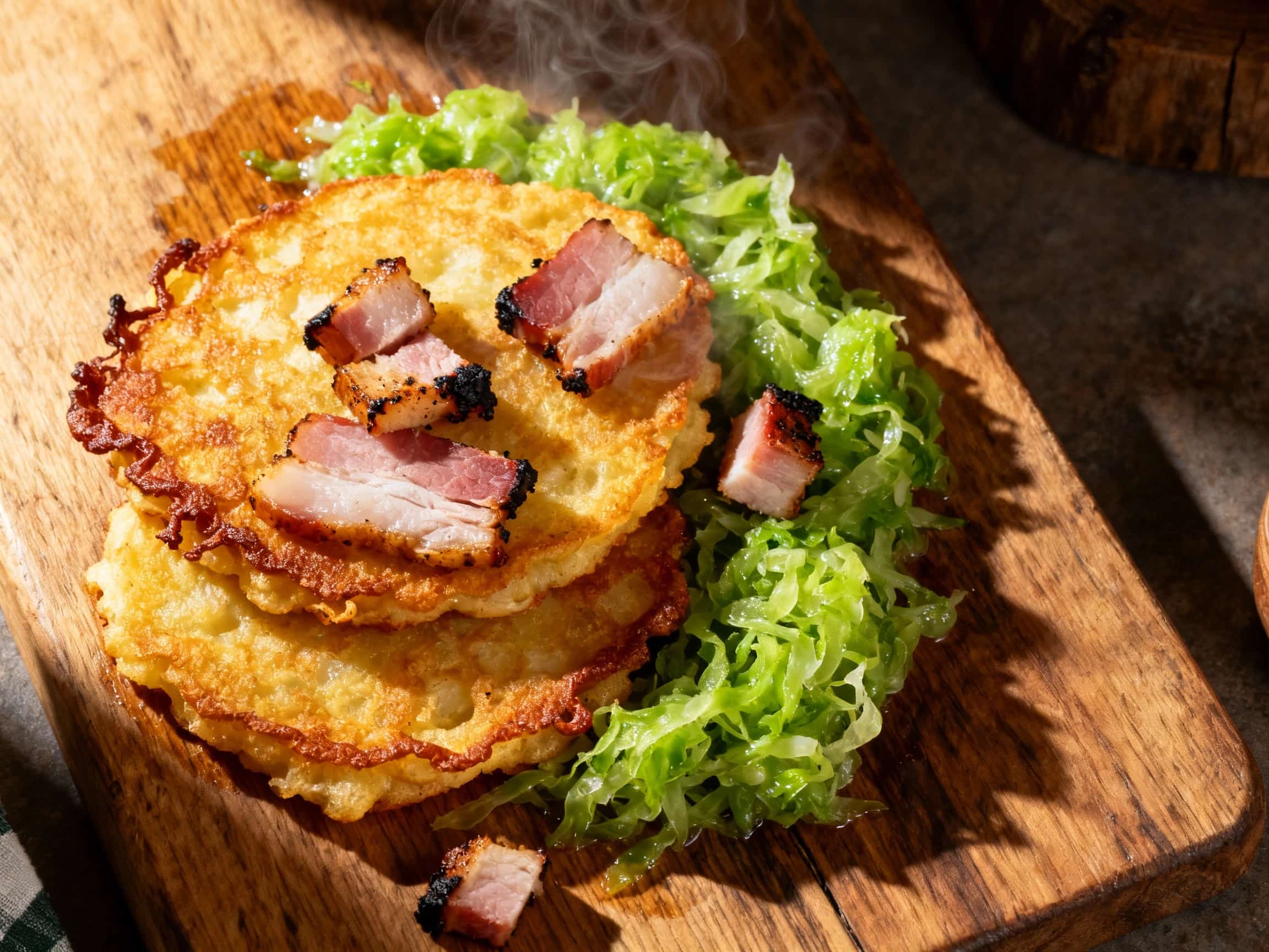 A close-up shot shows golden-brown, crispy potato pancakes piled high, topped with savory speck and tangy sauerkraut, ready to be enjoyed on a rustic wooden surface.