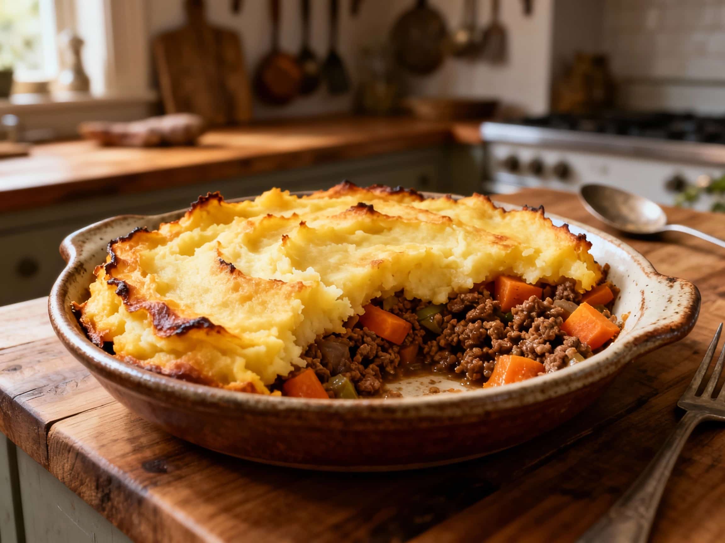 Close-up of Hearty Root Vegetable Shepherd's Pie British cuisine cuisine served on a plate with fresh herbs, warm natural lighting, visible textures, and clean background; descriptive alt text for accessibility and SEO.