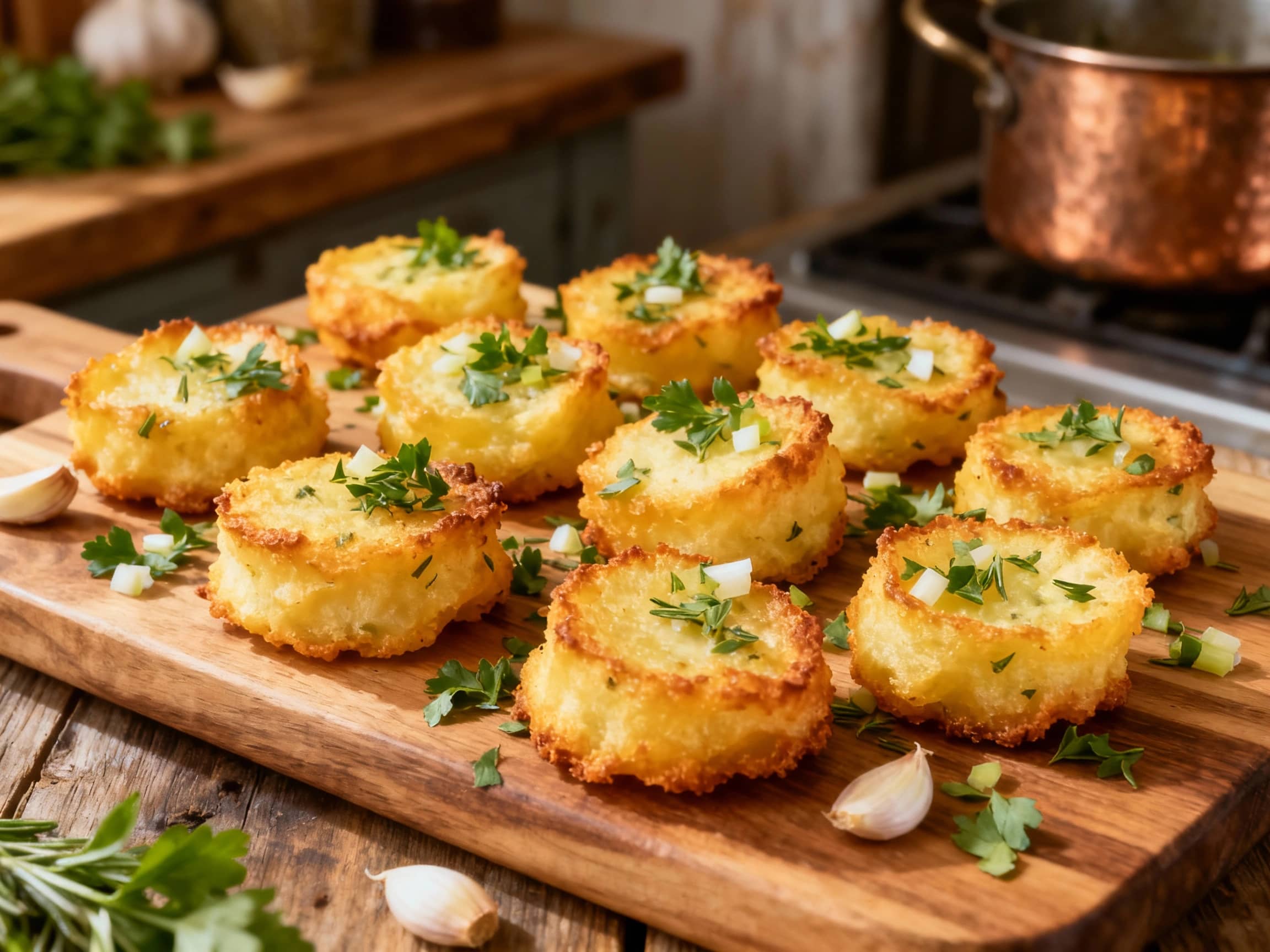 Golden-brown, crispy potato and herb bites are artfully arranged on a rustic wooden board, sprinkled with fresh parsley for a vibrant finish.