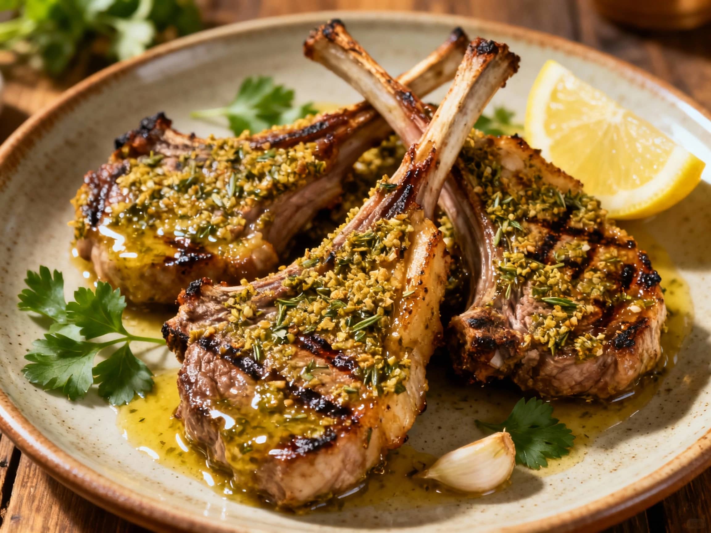 Juicy grilled lamb chops are coated in a vibrant green herb crust and fanned out on a white plate, glistening under soft light and garnished with fresh rosemary sprigs.