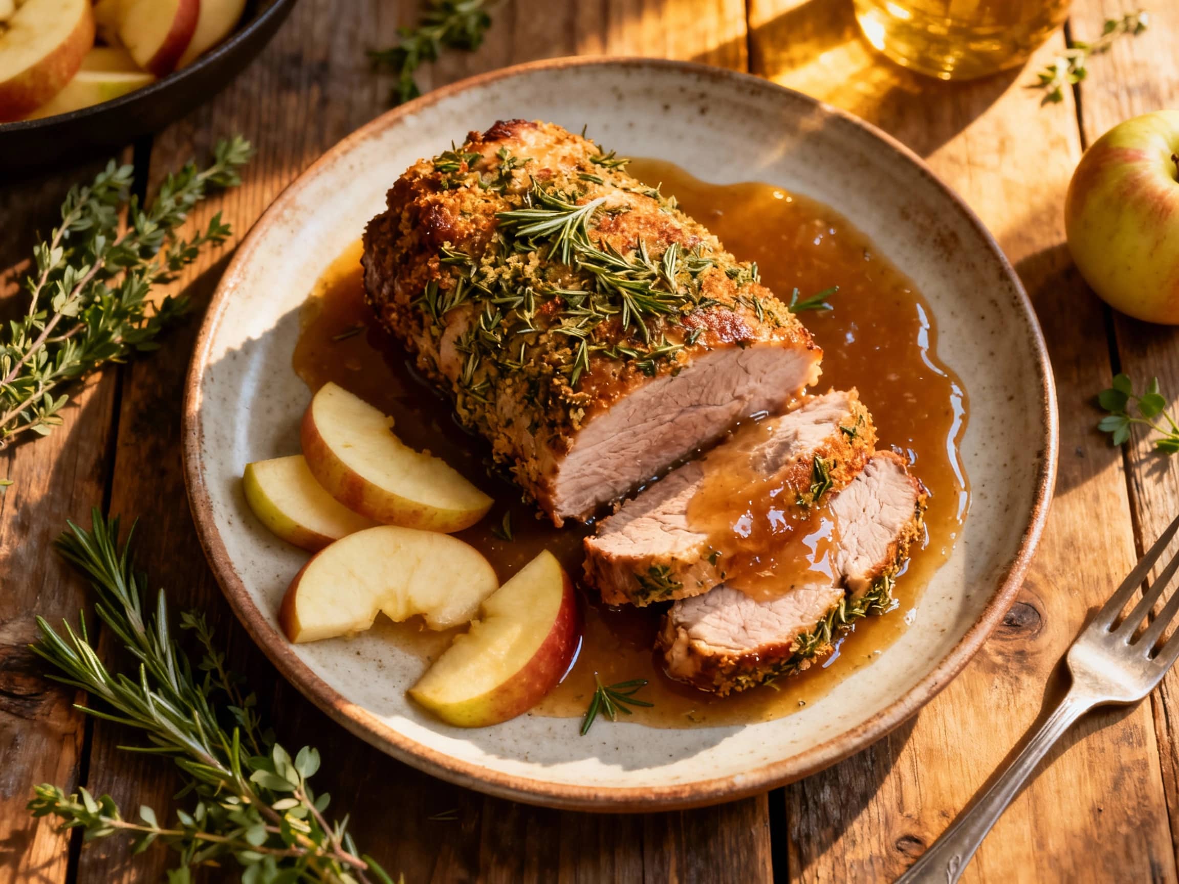 A beautifully sliced, golden-brown herb-crusted pork loin roast displayed on a wooden board. A rich, glossy apple pan sauce is poured over the tender pork medallions, highlighting its succulence. Roasted root vegetables are visible in the soft-focus background, completing the hearty and elegant presentation. The scene is bathed in warm, natural light, suggesting a comforting and delicious meal.