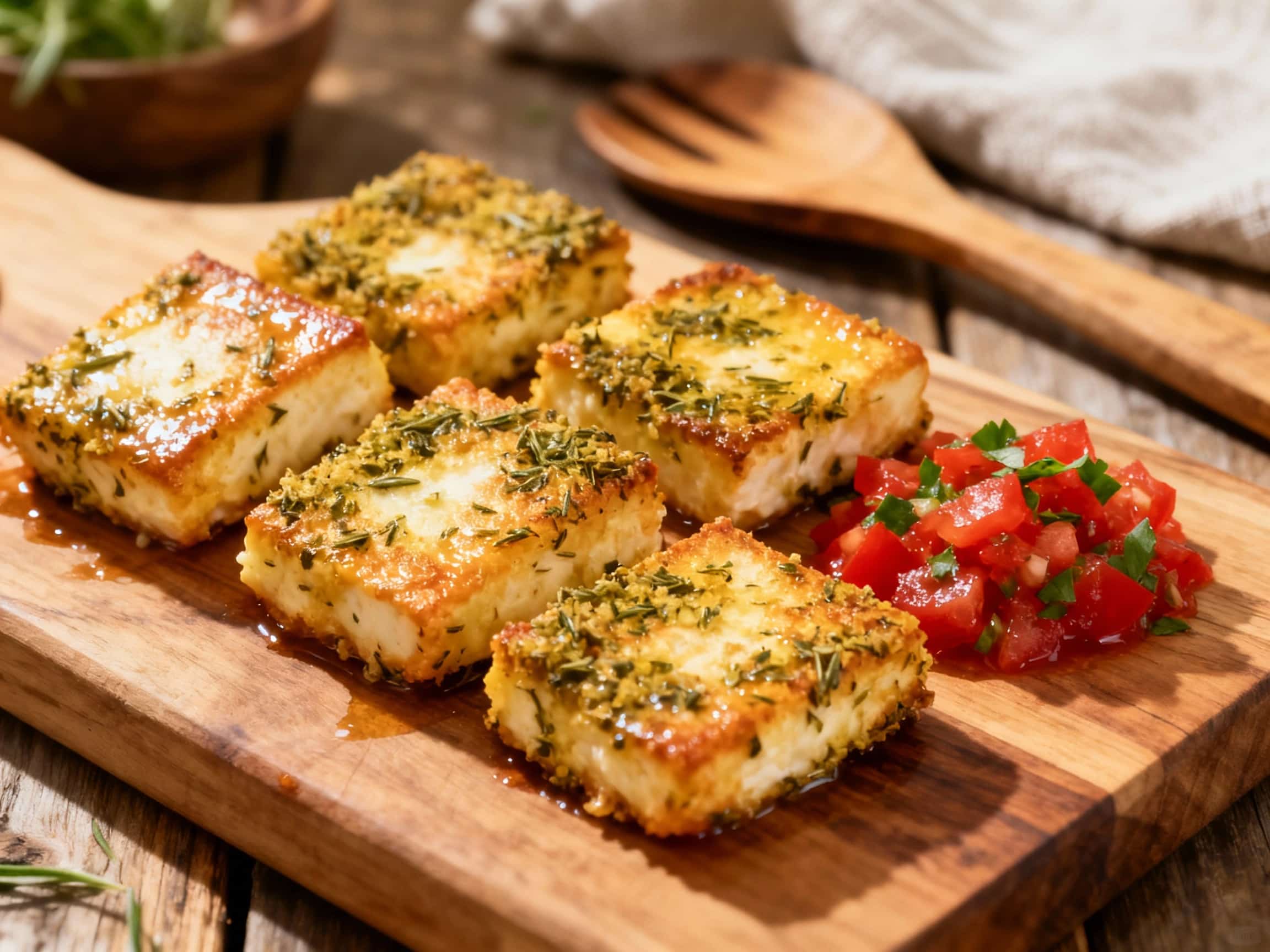 Golden-brown, bite-sized pieces of crispy cheese are artfully arranged on a white platter, shimmering under warm light, and topped with fresh green herbs next to a vibrant spoonful of ruby-red tomato relish.