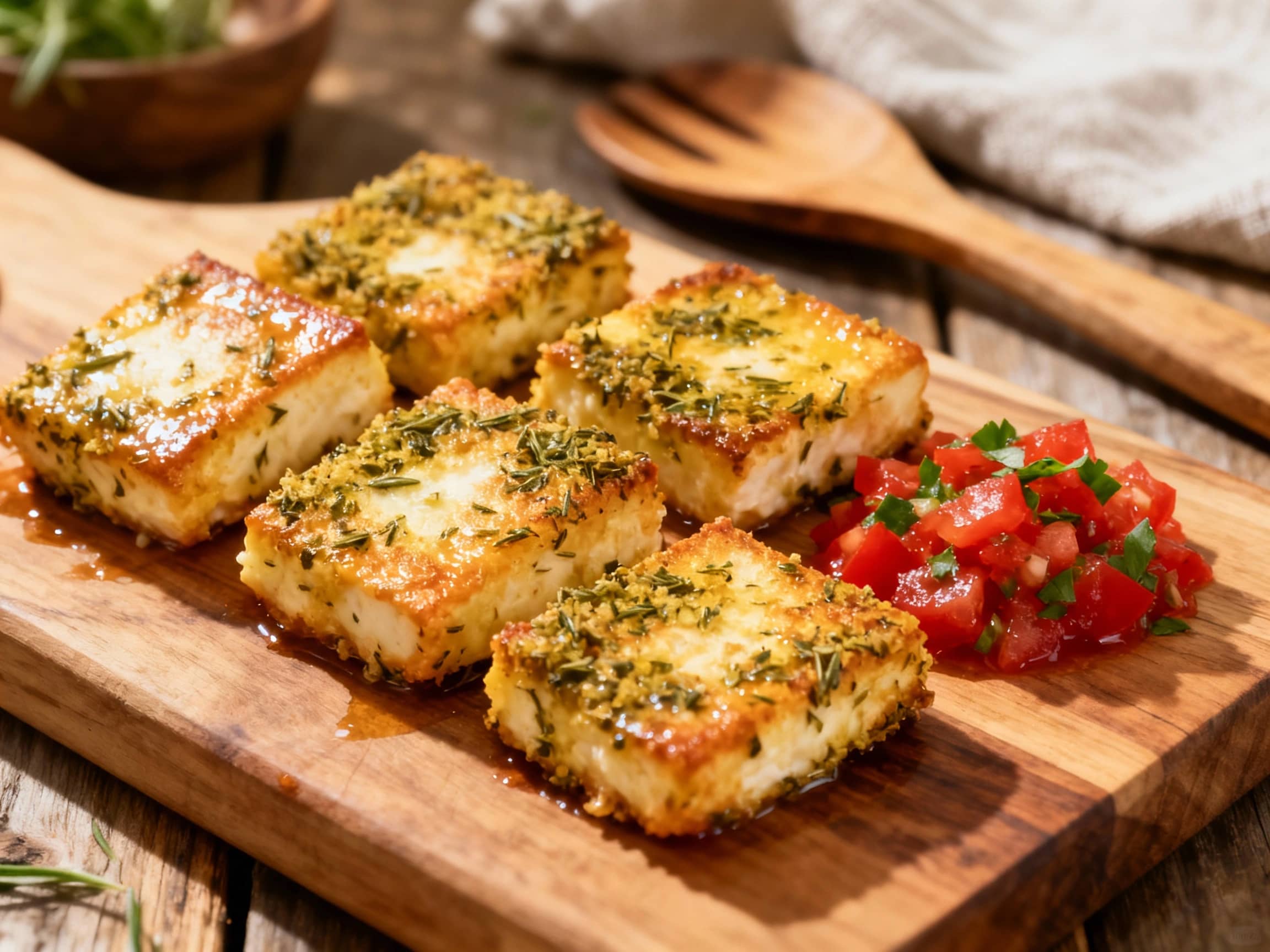 Golden-brown, bite-sized pieces of crispy cheese are artfully arranged on a white platter, shimmering under warm light, and topped with fresh green herbs next to a vibrant spoonful of ruby-red tomato relish.