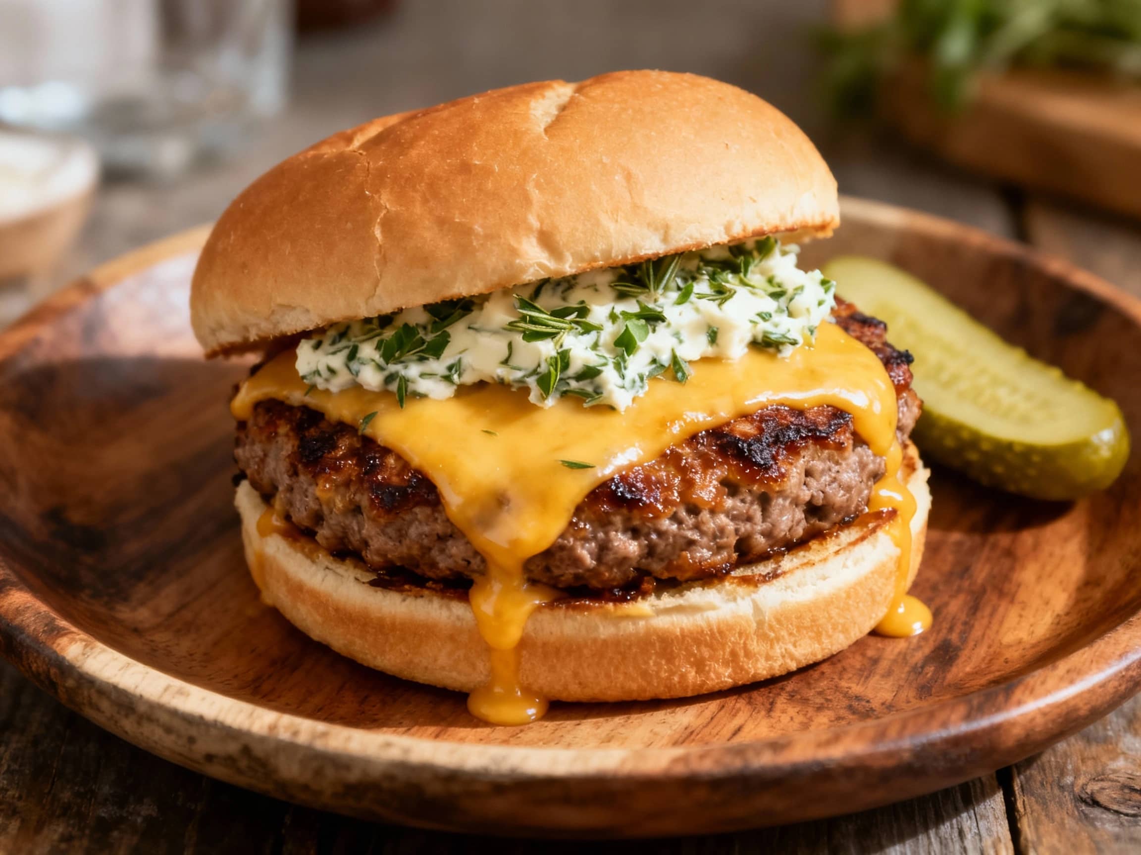 A juicy smash burger, topped with melted pepper jack cheese and fresh herbs, rests on a toasted bun under warm, inviting light.
