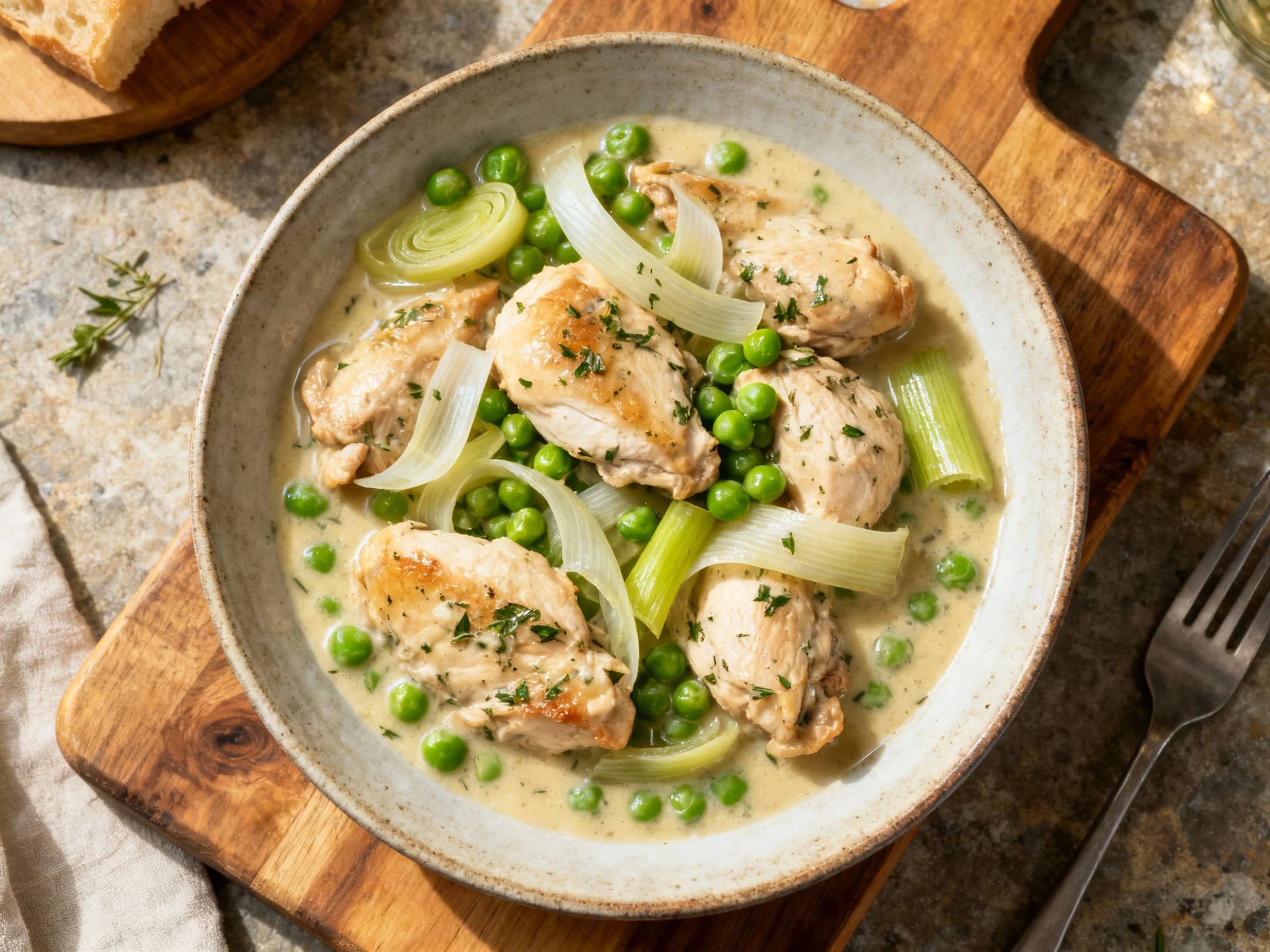 A creamy, pale stew of tender chicken pieces and bright green peas is served in a rustic ceramic bowl, topped with fresh parsley and a hint of pepper for a comforting and flavorful meal.