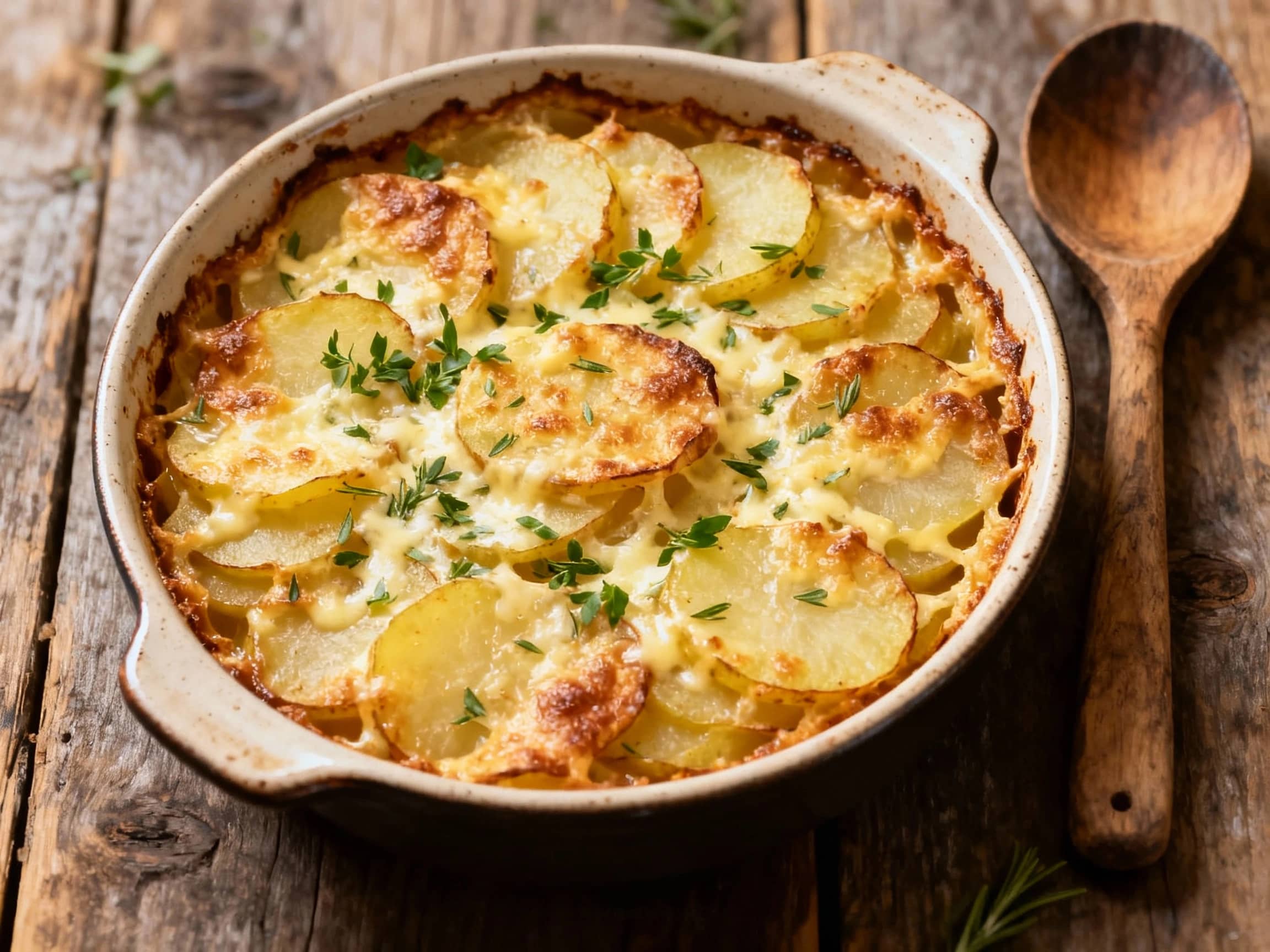 A rich, golden-brown potato gratin dish, bubbling with melted Gruyere cheese and topped with fresh green herbs, sits ready to be served.