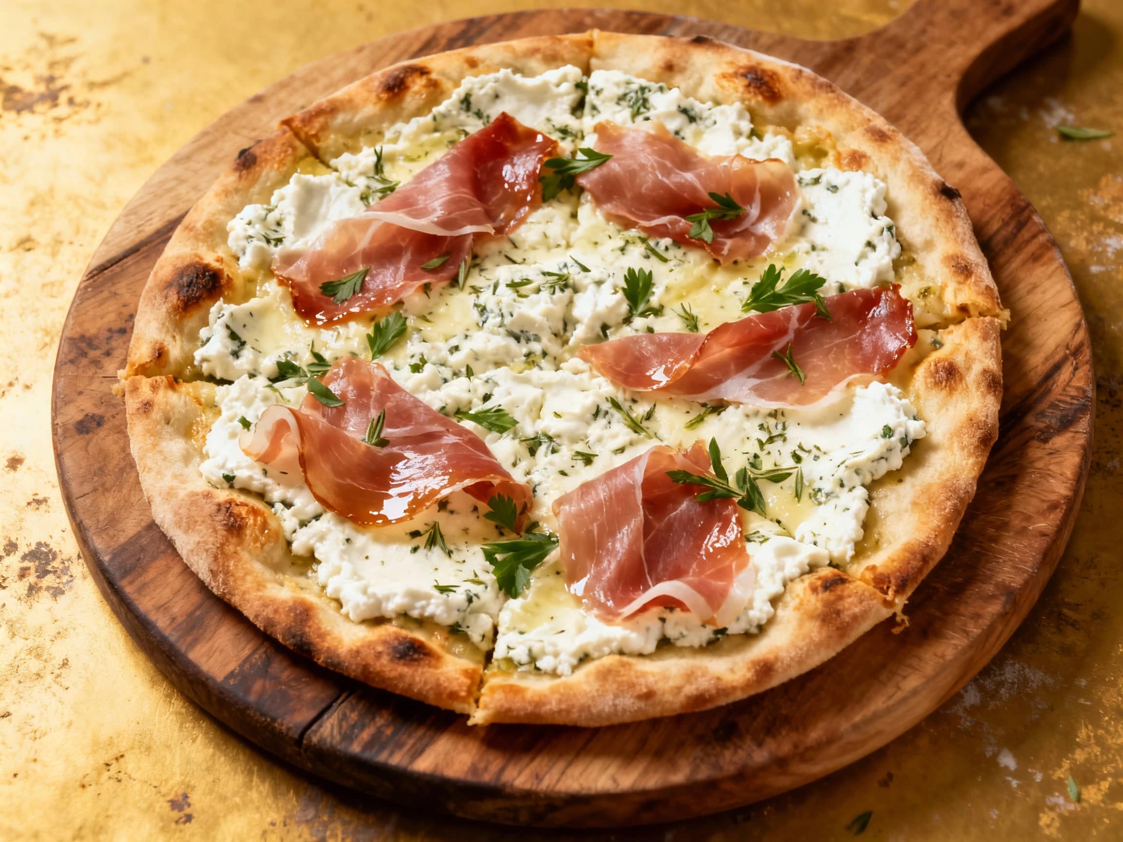 A freshly baked Herbed Ricotta and Prosciutto Thin Crust Pizza rests on a rustic wooden cutting board. The delicate golden crust frames a creamy layer of ricotta, adorned with vibrant green basil leaves and draped slices of salty prosciutto. A dark, glistening balsamic glaze is drizzled artfully over the top, creating an inviting and gourmet appearance ready to be served.