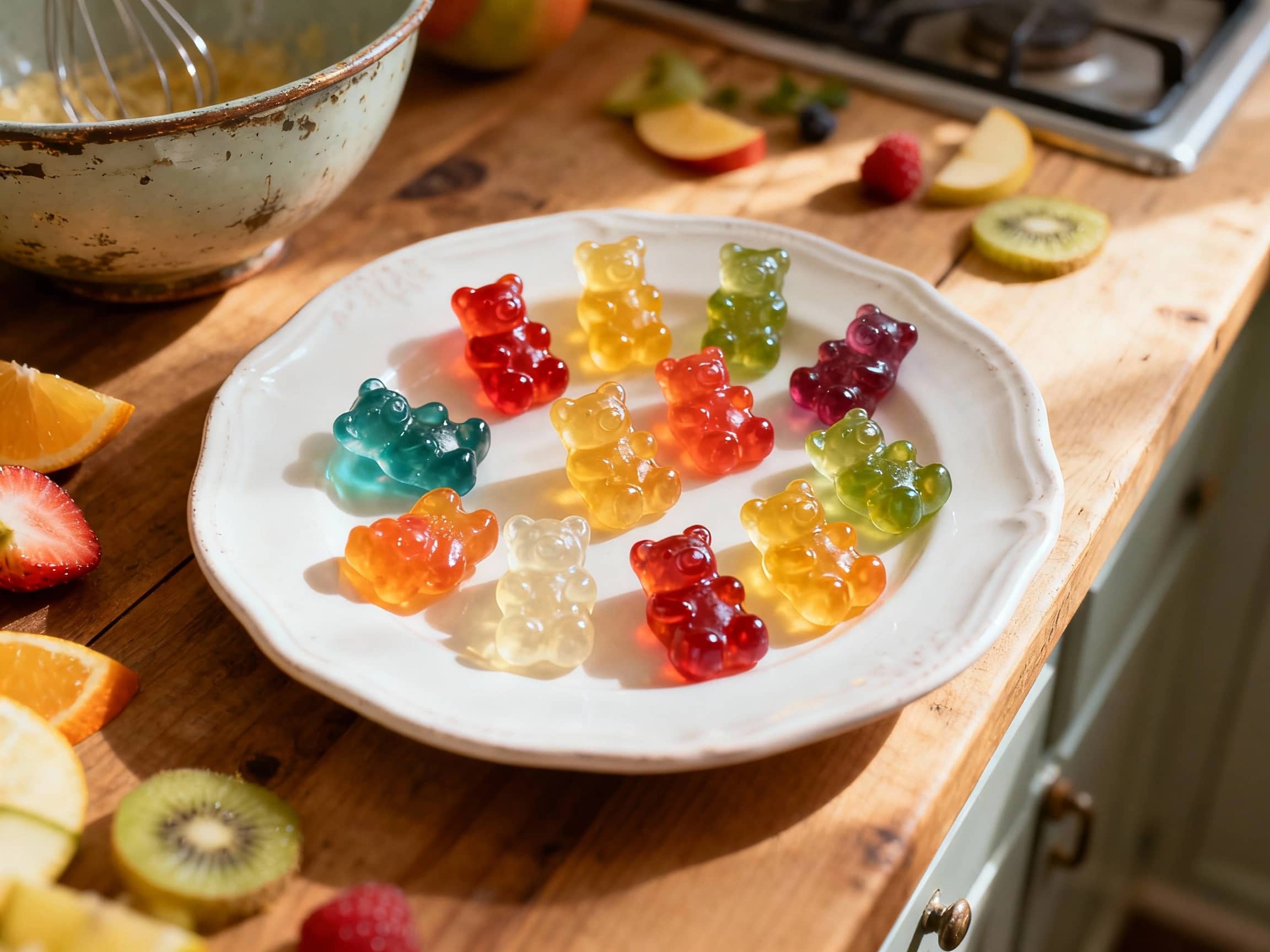 Chewy, translucent gummy bears made with real fruit juice glisten in the soft light, arranged artfully in a clear glass dish, inviting a sweet and tangy bite.