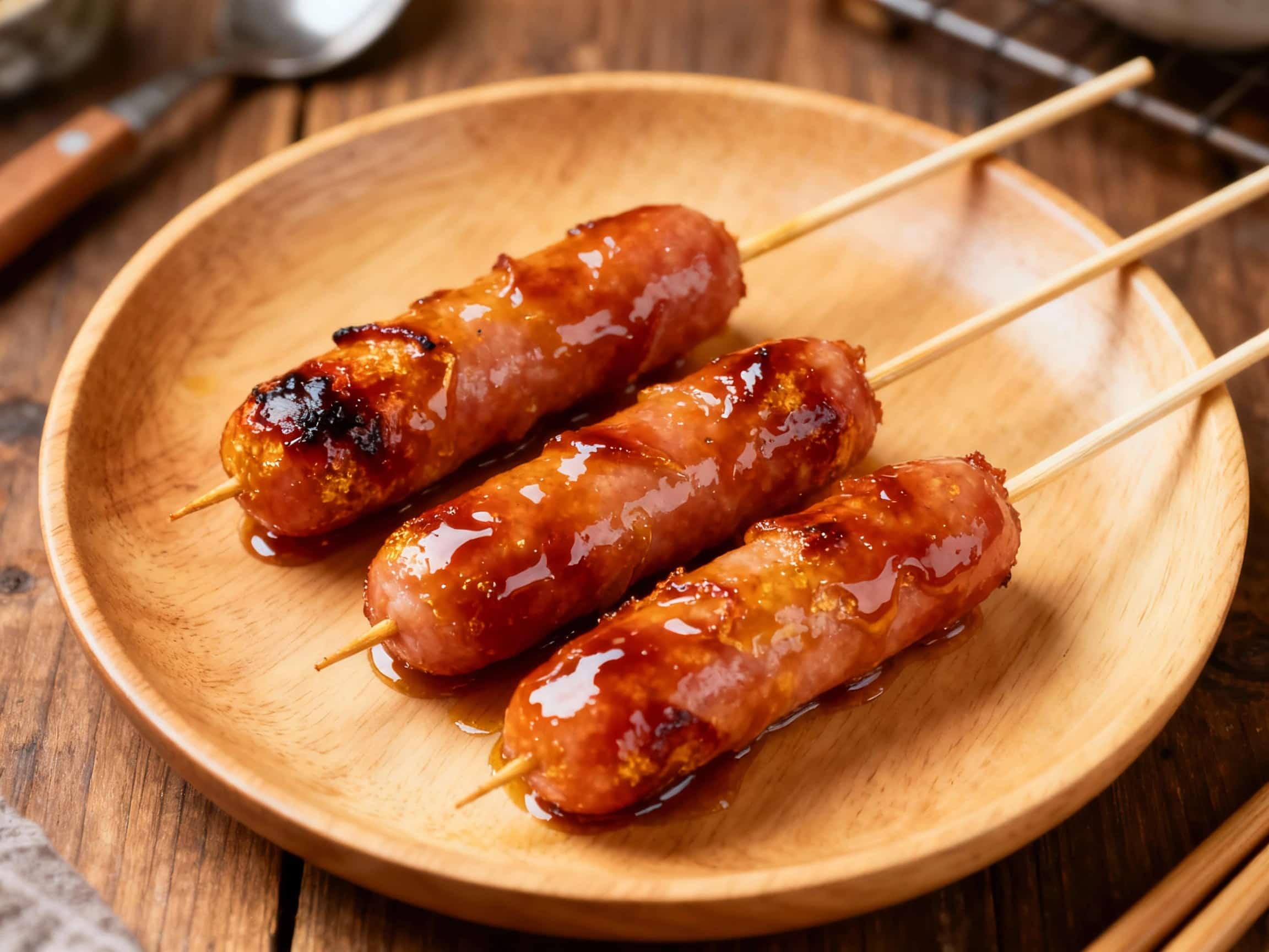 Tender, glistening Taiwanese sausages are skewered and grilled to perfection, brushed with a sweet and savory honey-soy glaze and garnished with fresh green scallions, creating a tempting appetizer.