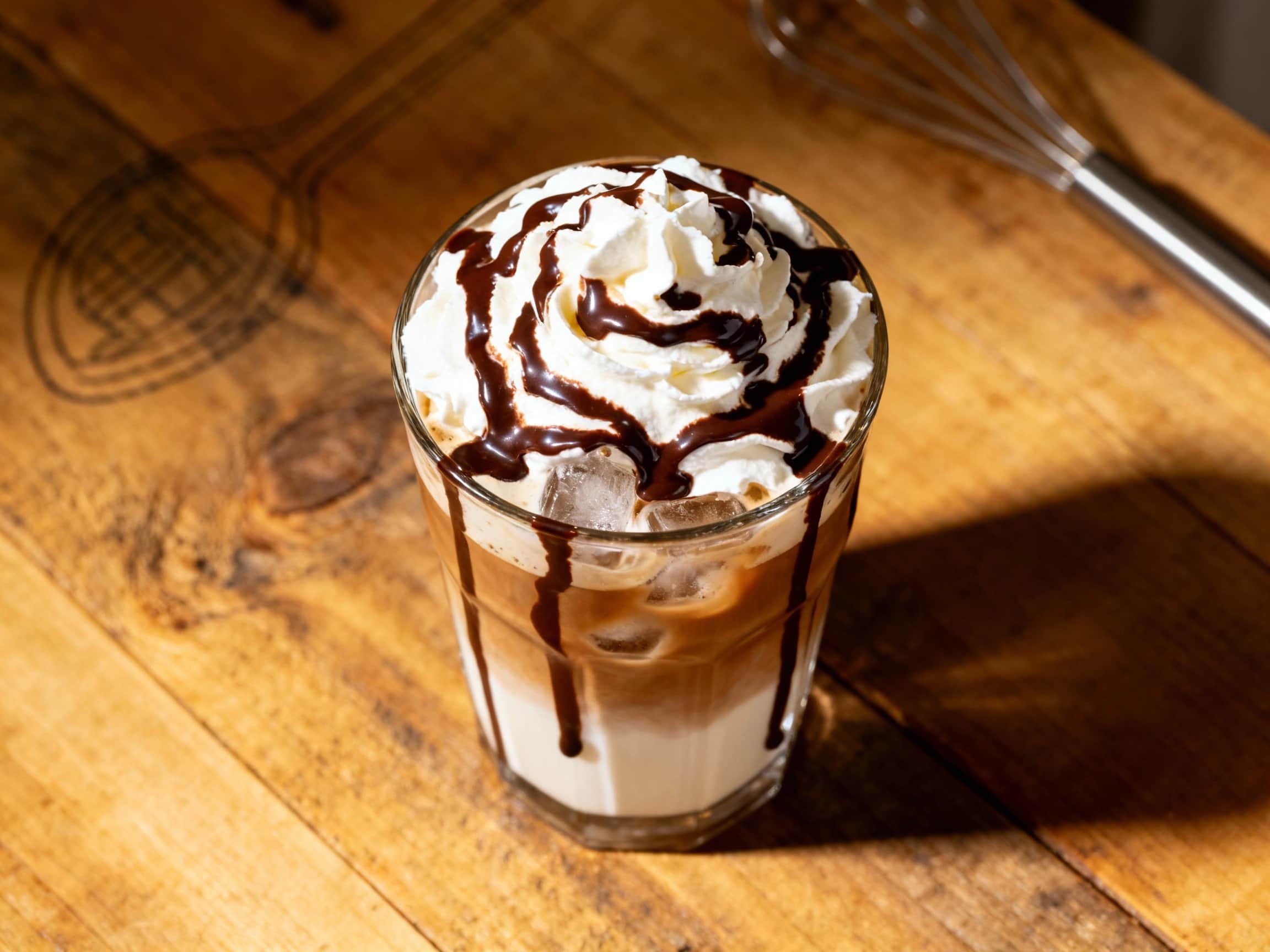 A tall, clear glass filled with a decadent Iced Mocha Latte. The drink shows layers of dark coffee and milk, topped with a generous swirl of white whipped cream, artfully drizzled with dark chocolate syrup. Condensation beads are visible on the outside of the glass, suggesting a perfectly chilled beverage. The setting is bright with natural light, complementing the inviting presentation of the dri