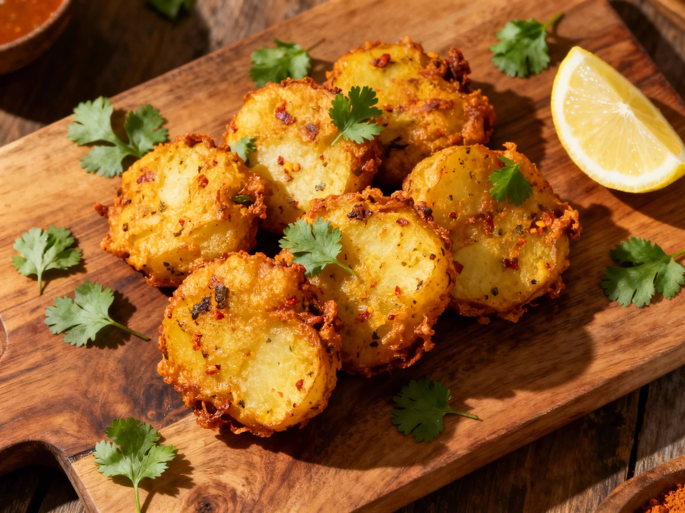 Golden-brown, crispy potato fritters, dusted with spices and herbs, are attractively arranged on a white platter, ready to be enjoyed.