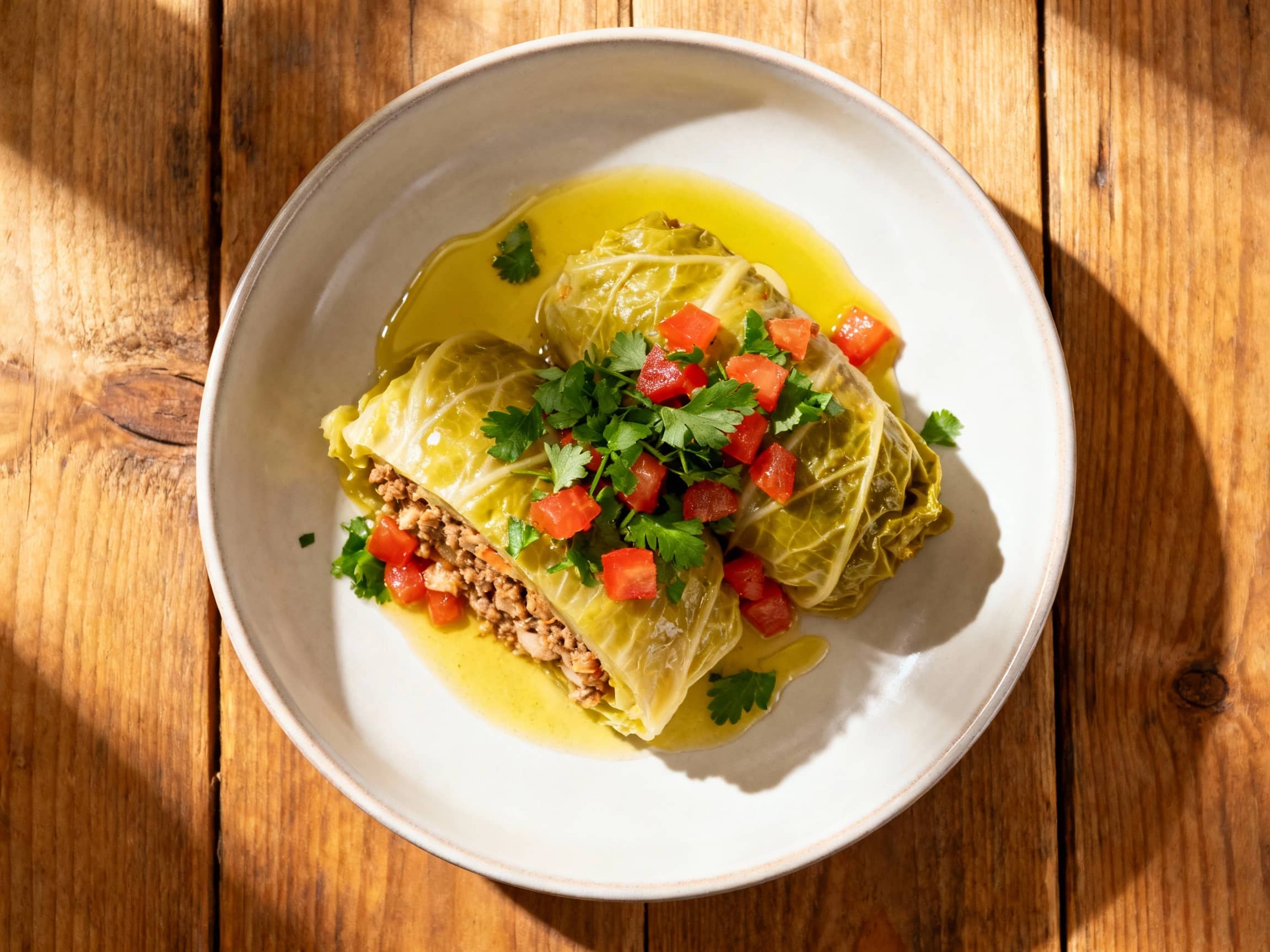 A golden-brown cabbage leaf parcel, glistening with olive oil, rests invitingly on a white plate, hinting at the savory vegetable and rice filling within.