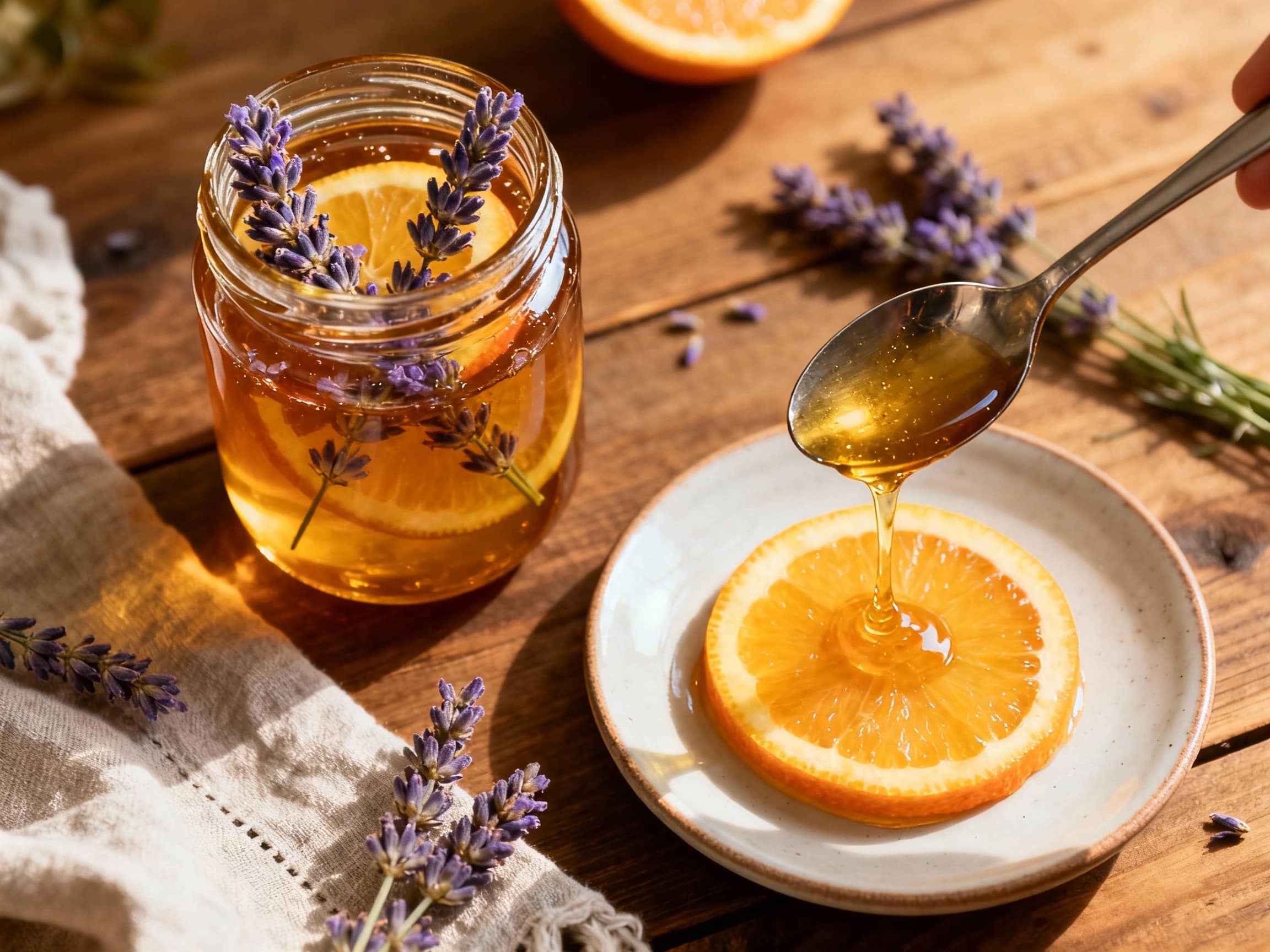 A rustic glass jar displaying golden, translucent honey infused with purple lavender buds and vibrant citrus zest. The jar sits on a wooden surface bathed in soft, natural light, with fresh lavender sprigs and a lemon slice resting nearby. The scene conveys a sense of natural beauty and homemade quality, highlighting the colorful ingredients suspended within the honey.
