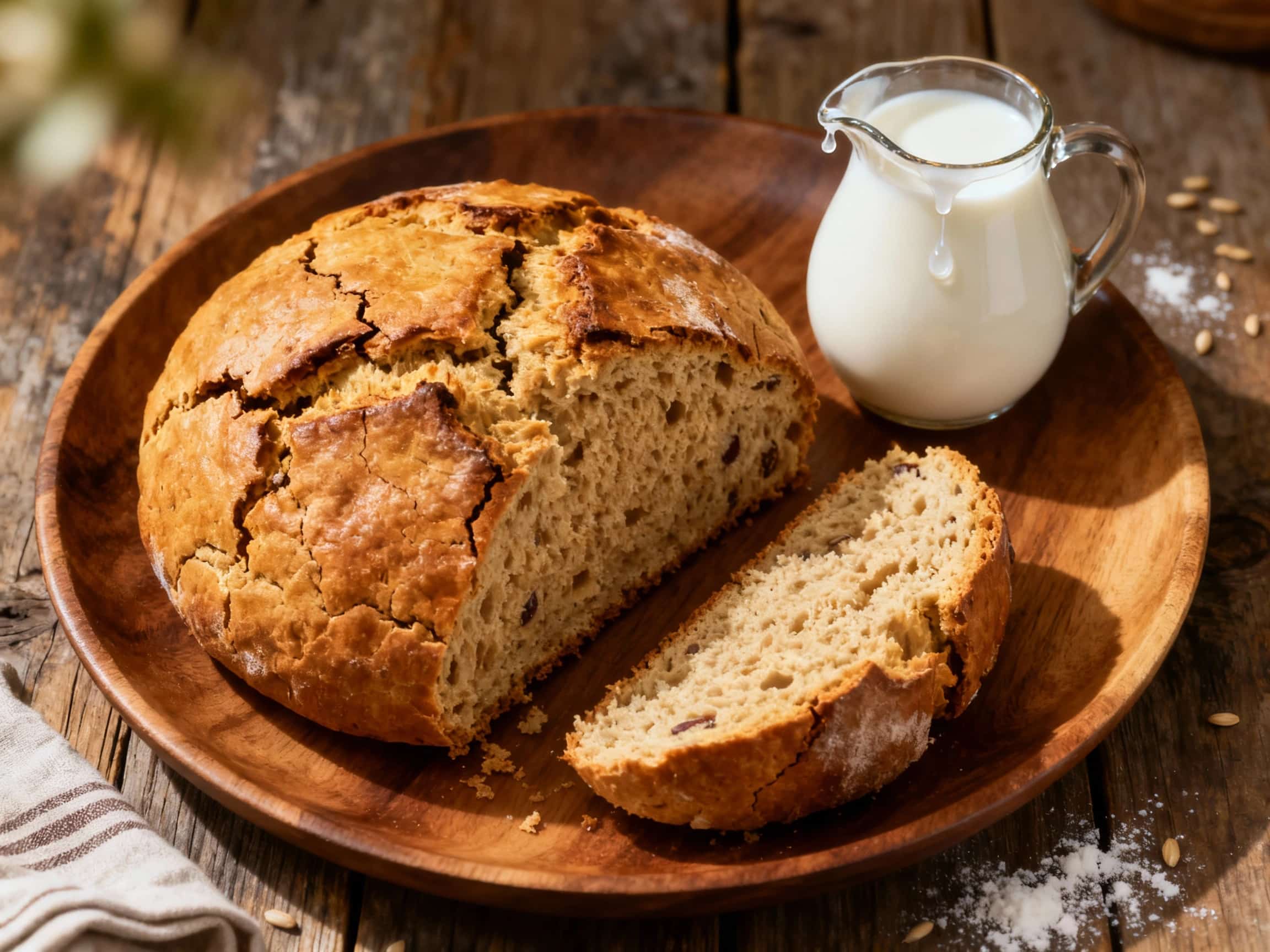 A freshly baked, rustic loaf of Irish brown soda bread on a wooden cutting board. A thick slice of the bread has been cut, showing its coarse, dark, wholesome interior. A small, golden pat of butter sits next to the slice, ready to be spread. The scene is bathed in soft, natural light, emphasizing the bread's golden-brown crust and inviting texture, creating a warm and comforting atmosphere.