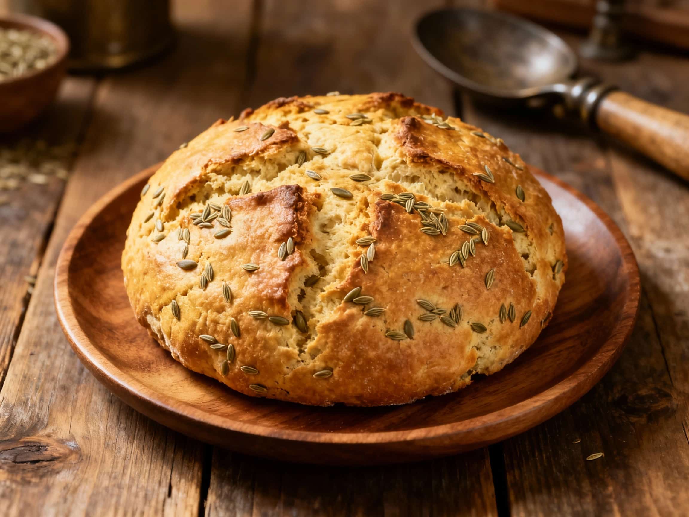 A rustic, golden-brown loaf of Irish soda bread, scored with a traditional cross, sits proudly on a wooden board, hinting at its hearty, caraway-infused flavor perfect for any occasion.