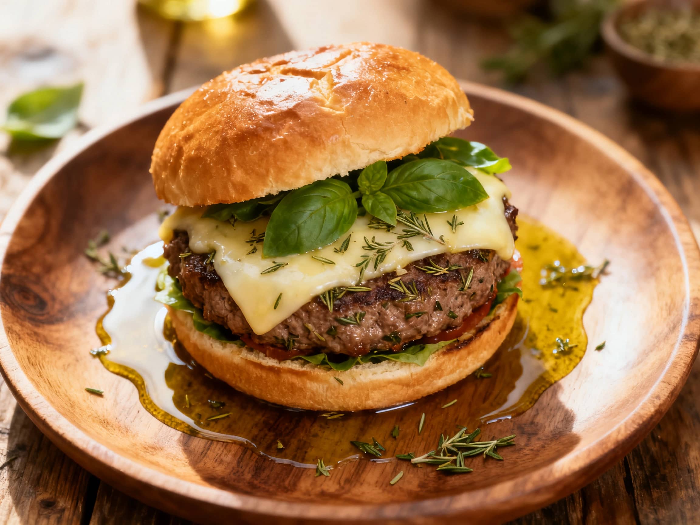 A gourmet Italian Herb Beef Burger served on a rustic wooden board. The burger features a thick, juicy beef patty topped with generously melted provolone cheese, fresh green basil leaves, and a creamy garlic aioli. It's nestled in a golden, toasted brioche bun. The background shows hints of fresh Italian herbs and a small bowl of pesto, creating an inviting, rustic dining atmosphere.