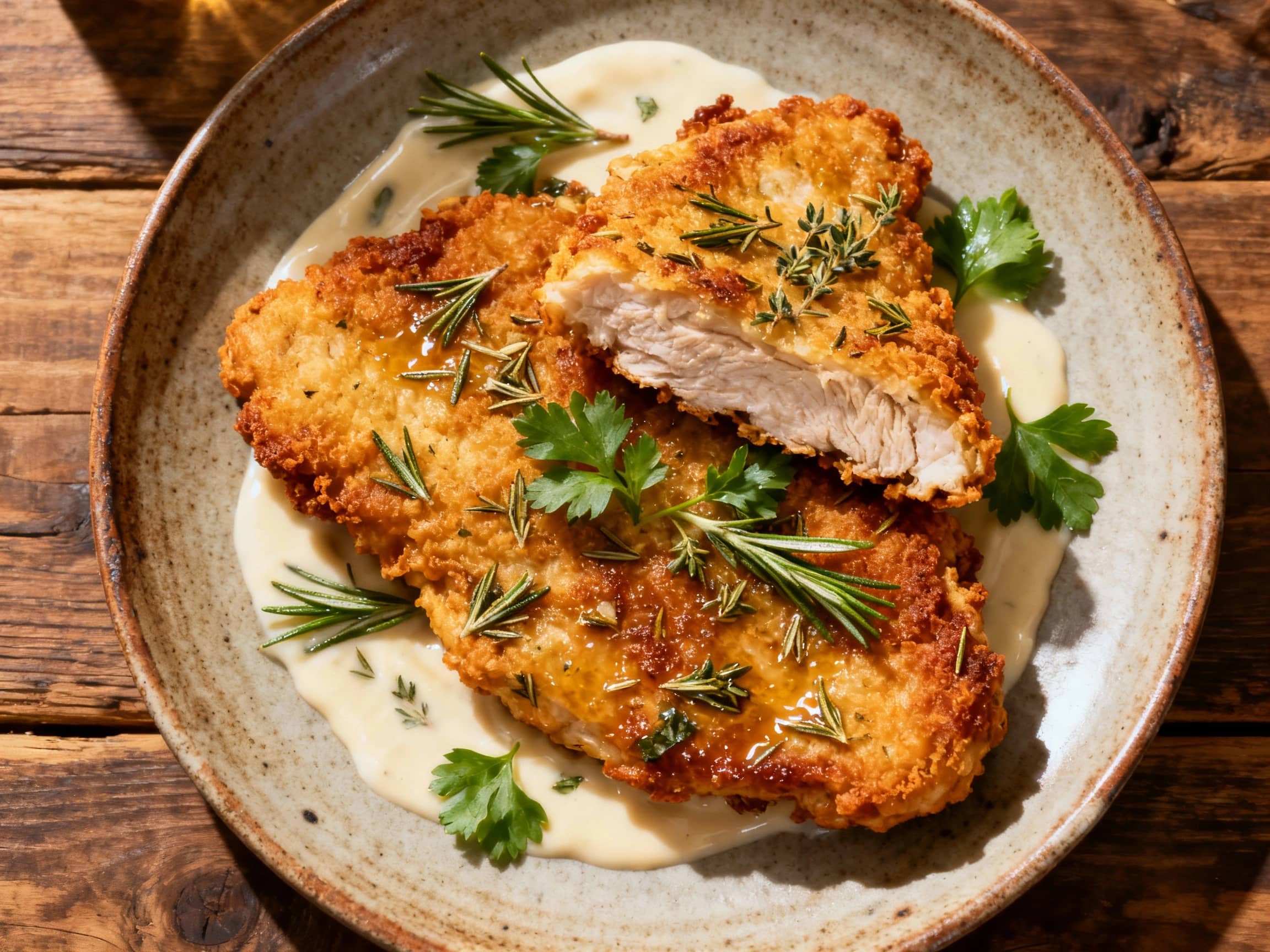 Several golden-brown Italian herb fried chicken cutlets are presented on a rustic wooden board, showcasing their perfectly crispy, herb-flecked breading. The chicken is tender and juicy, having been pan-fried to a deep golden color. A few fresh basil leaves and a vibrant yellow lemon wedge are visible in the soft-focus background, enhancing the Italian theme. The dish emits a comforting and flavor