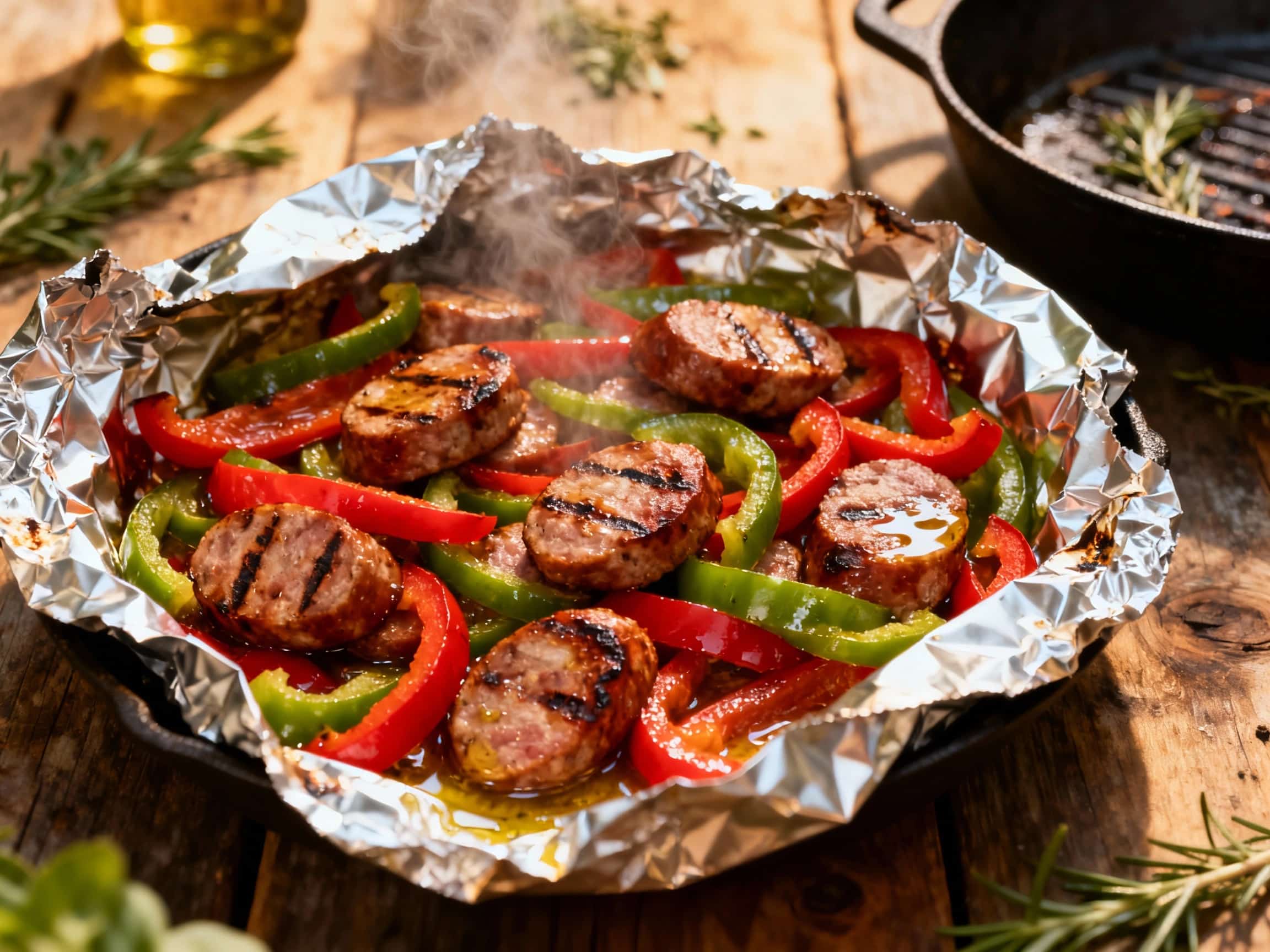Juicy Italian sausage and colorful bell peppers rest in a foil packet on a grill, glistening under warm light, ready for a delicious, easy dinner.