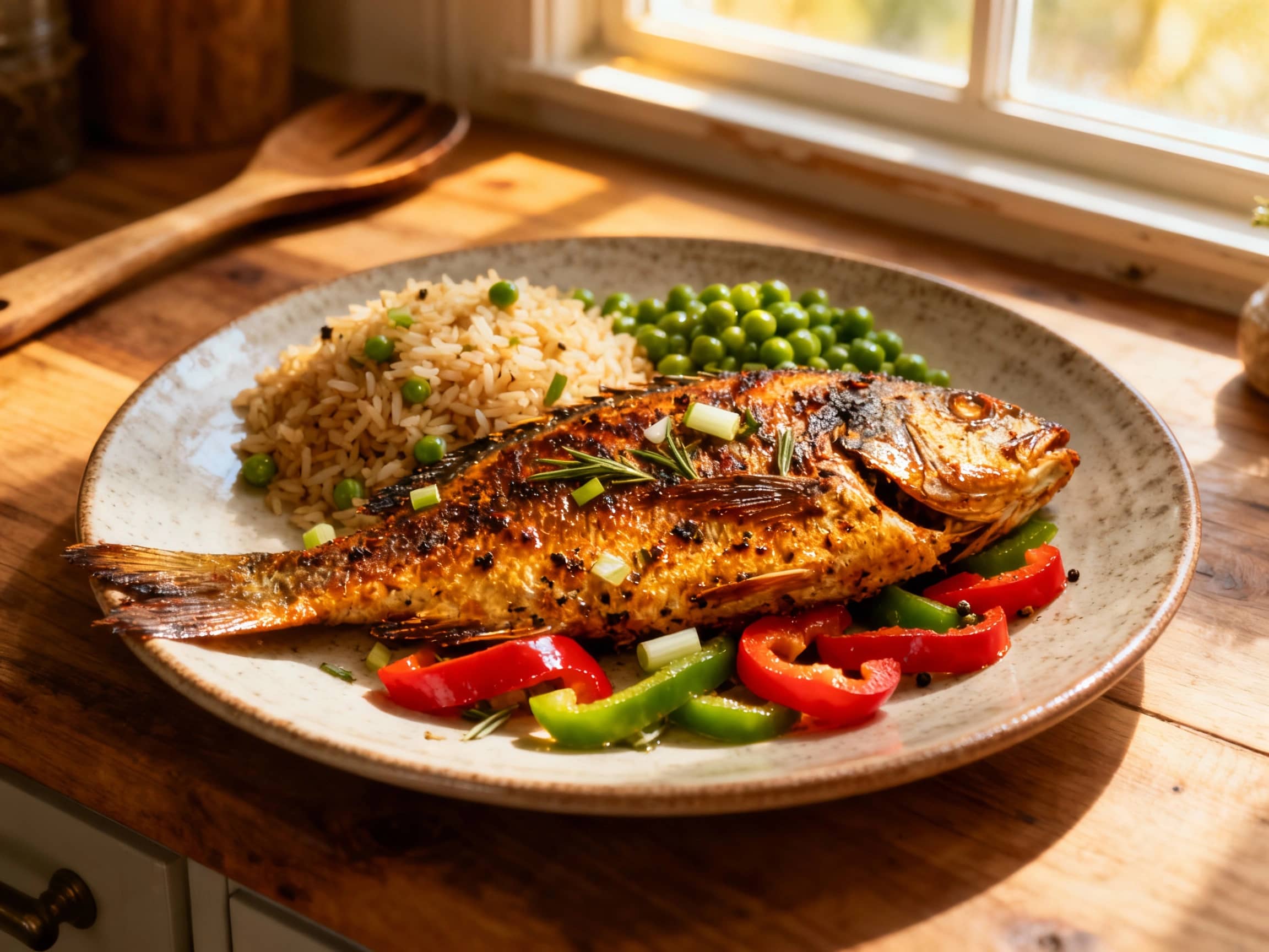 A whole snapper, glistening and golden brown from frying, is generously coated in vibrant green jerk seasoning, served atop a bed of fluffy rice and peas, with a slice of lime on the side.
