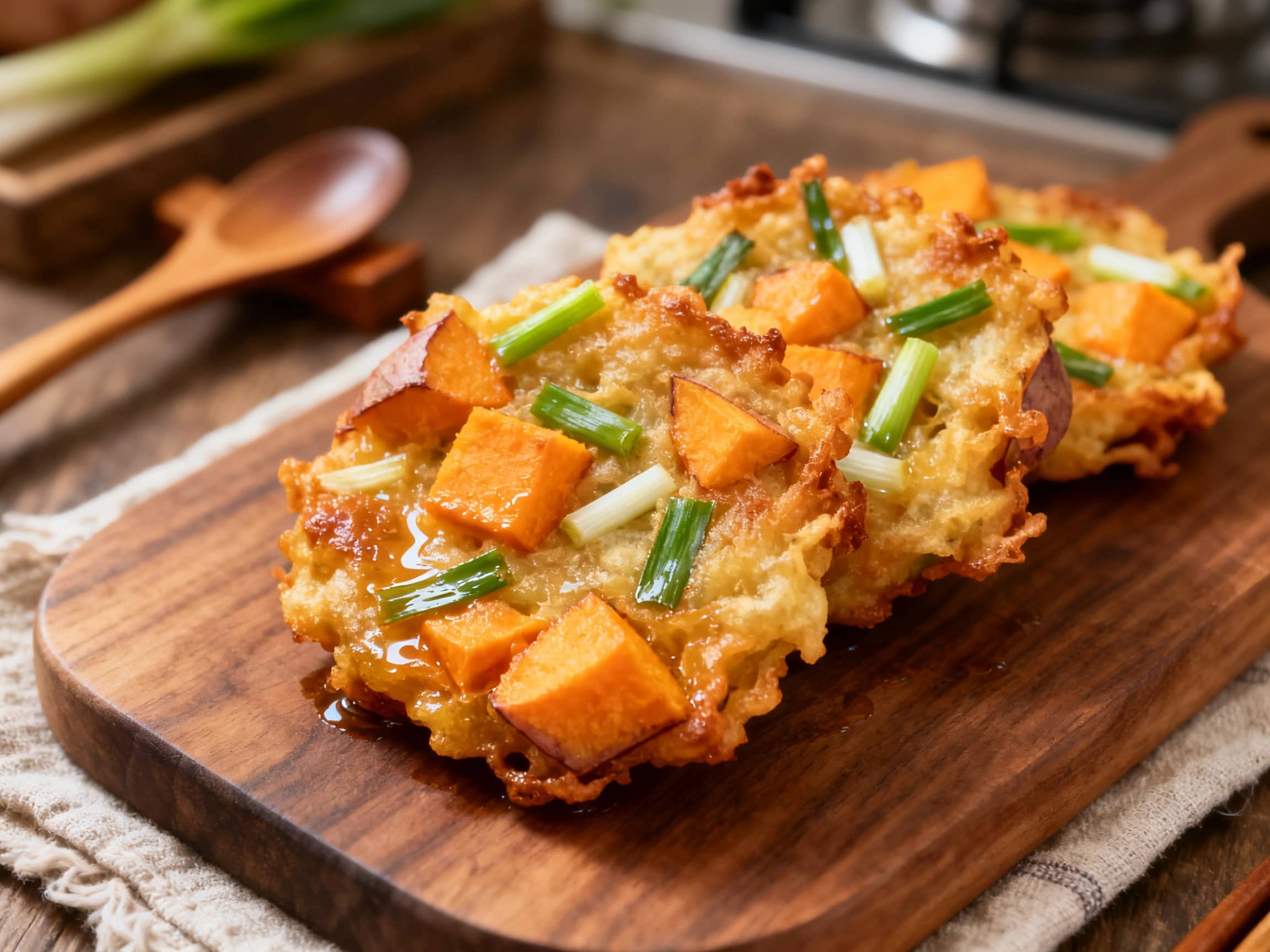 A plate of perfectly golden-brown Japanese sweet potato and scallion fritters, artfully arranged and garnished with fresh green scallions. A small bowl of savory soy-ginger dipping sauce accompanies the crispy, inviting fritters, presented on a rustic yet elegant ceramic plate that evokes warmth and home comfort. The fritters have a visible crunchy exterior, promising a soft interior.