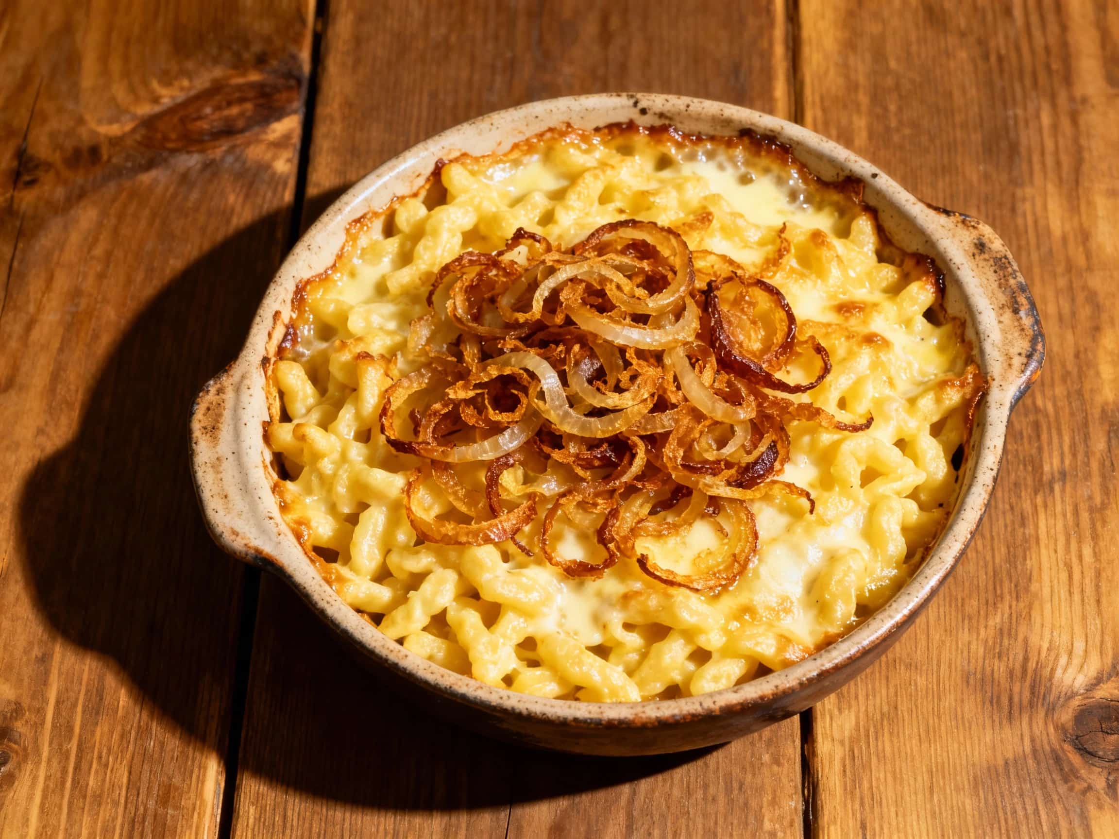 A bubbling hot gratin dish of golden Käsespätzle is generously topped with crispy, caramelized fried onions and served in a rustic wooden bowl, creating a comforting and delicious meal.