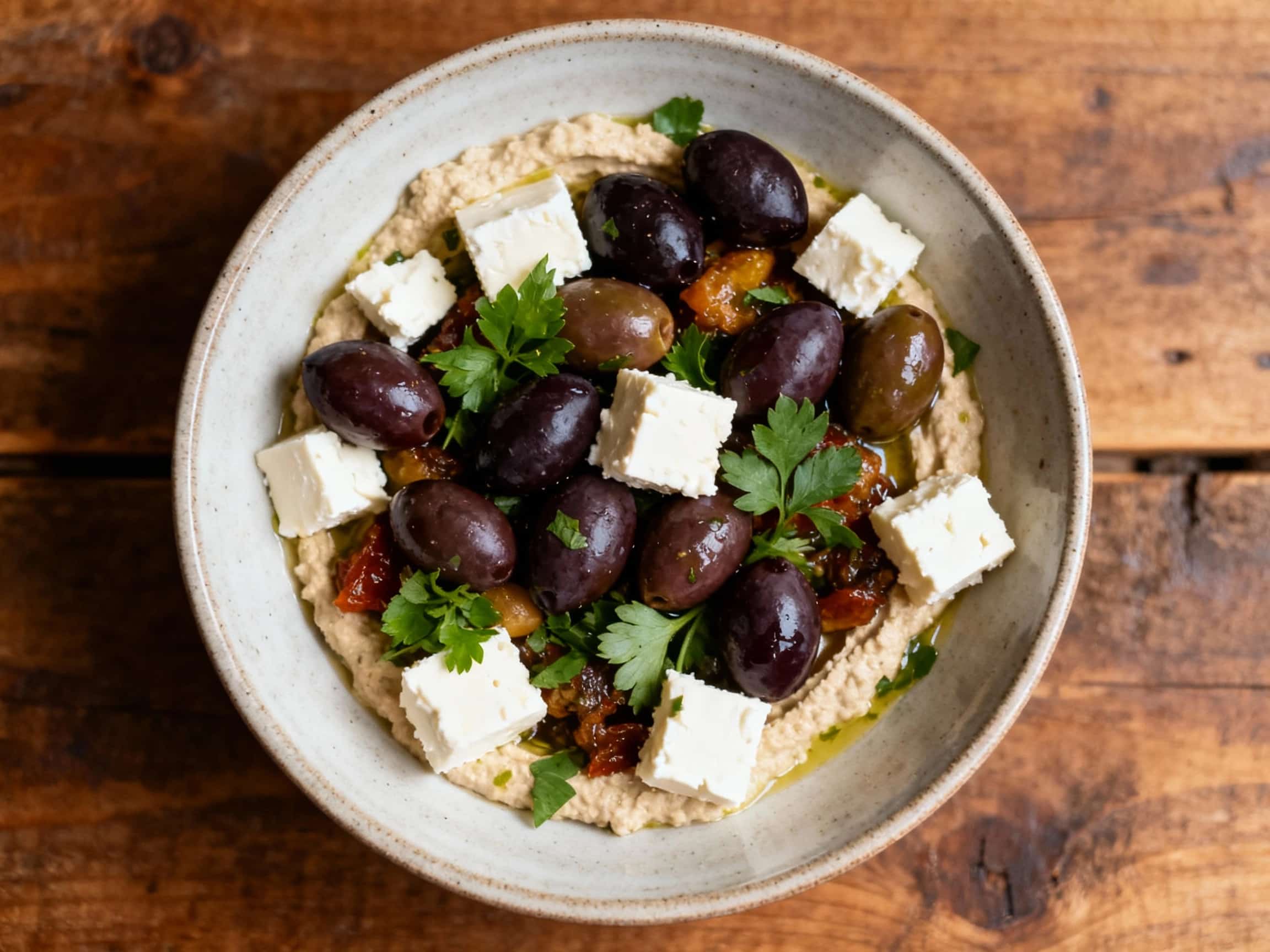 A vibrant Mediterranean mezze bowl features a colorful assortment of Kalamata olives, crumbled feta cheese, cucumber, tomato, and hummus, artfully arranged and ready to be enjoyed.
