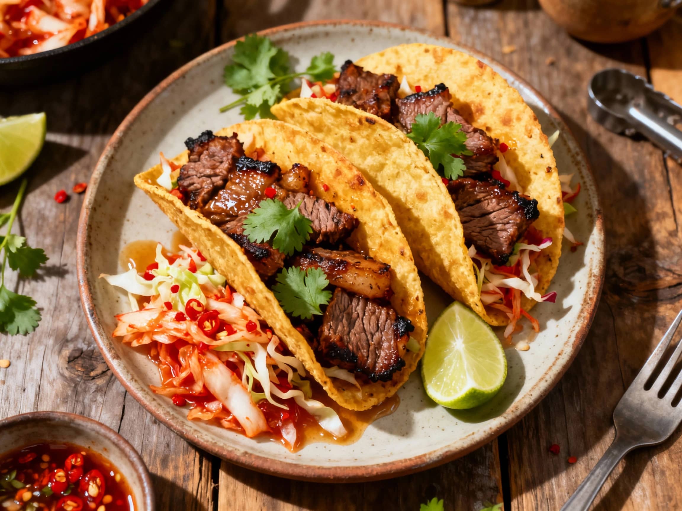 Tender, grilled kalbi beef with a vibrant kimchi slaw spills from soft corn tortillas, creating a mouthwatering taco, perfect for a delicious meal any time.