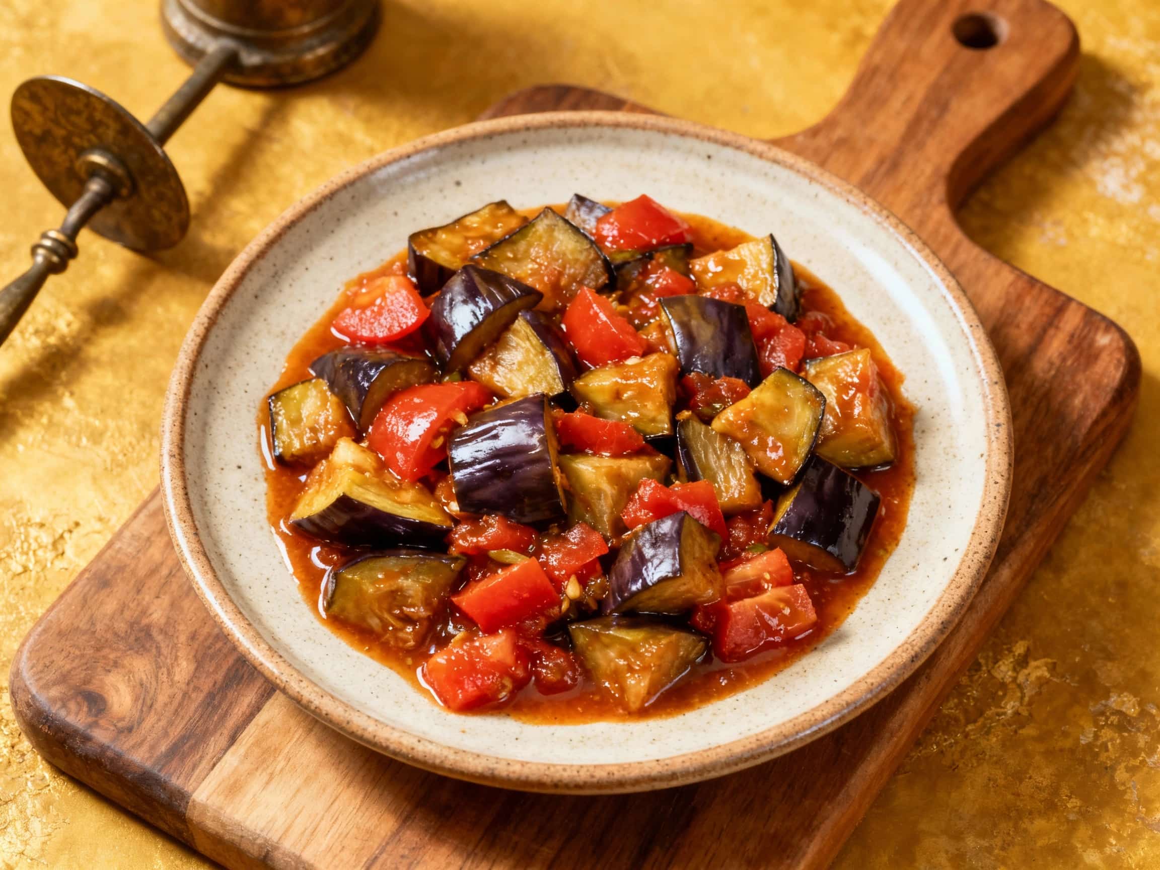A rustic, earthenware bowl overflows with a rich, glistening Kapunata stew, showcasing tender chunks of eggplant, bell peppers, and tomatoes, garnished with fresh parsley and a drizzle of olive oil under warm lighting.