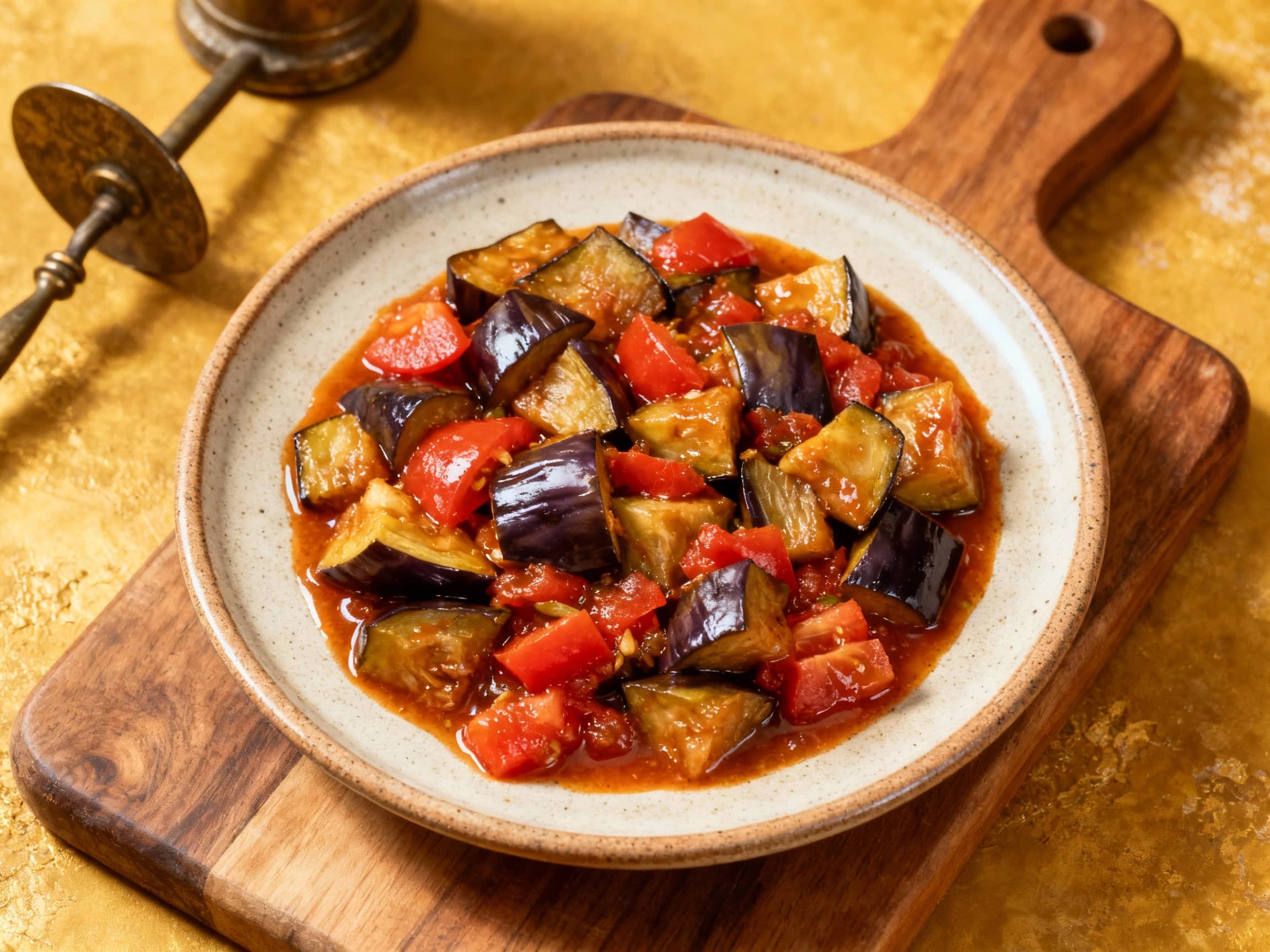 A rustic, earthenware bowl overflows with a rich, glistening Kapunata stew, showcasing tender chunks of eggplant, bell peppers, and tomatoes, garnished with fresh parsley and a drizzle of olive oil under warm lighting.