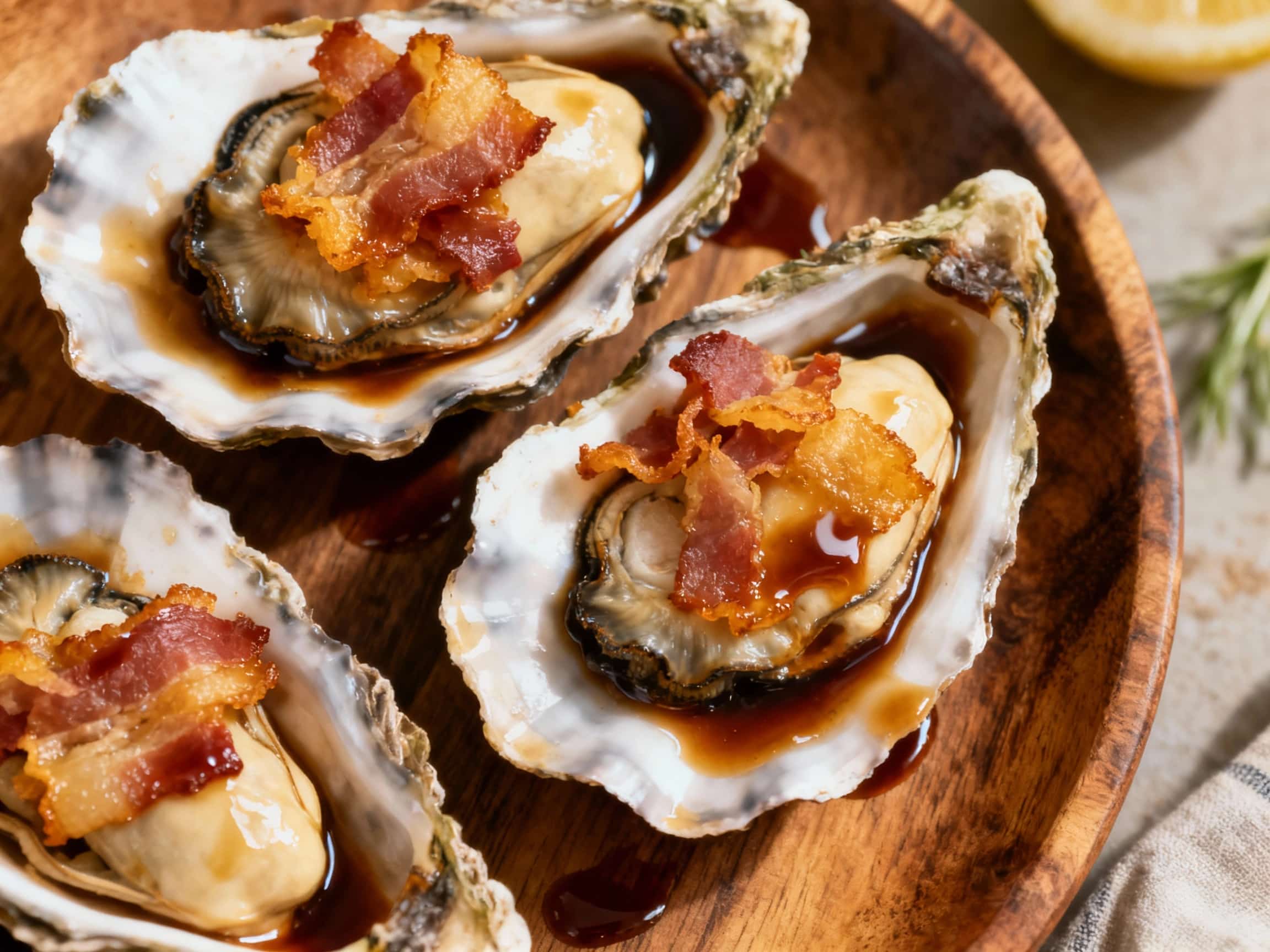 Plump oysters topped with smoky bacon and a glistening Worcestershire sauce sit nestled on a bed of crushed ice, ready to be enjoyed.
