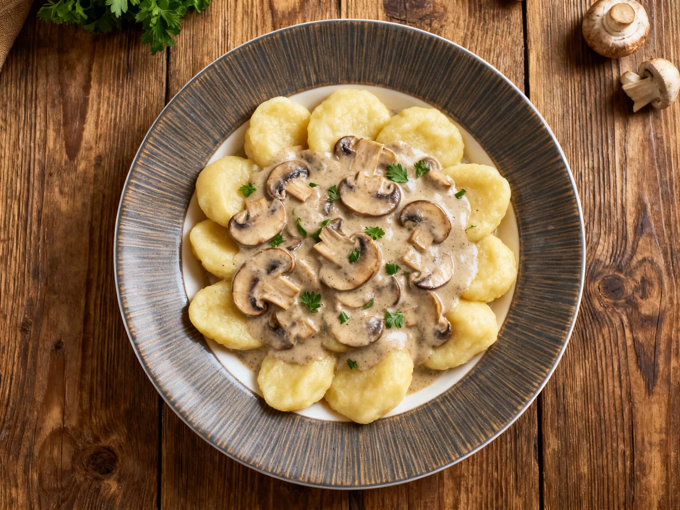 A close-up, overhead shot of a generous serving of Kluski Śląskie. The potato dumplings, identifiable by their slight indentations, are coated in a luscious, creamy mushroom sauce. Freshly chopped parsley is sprinkled over the top, adding a vibrant contrast. The dish is presented on a rustic plate, radiating warmth and comfort associated with Polish home cooking.