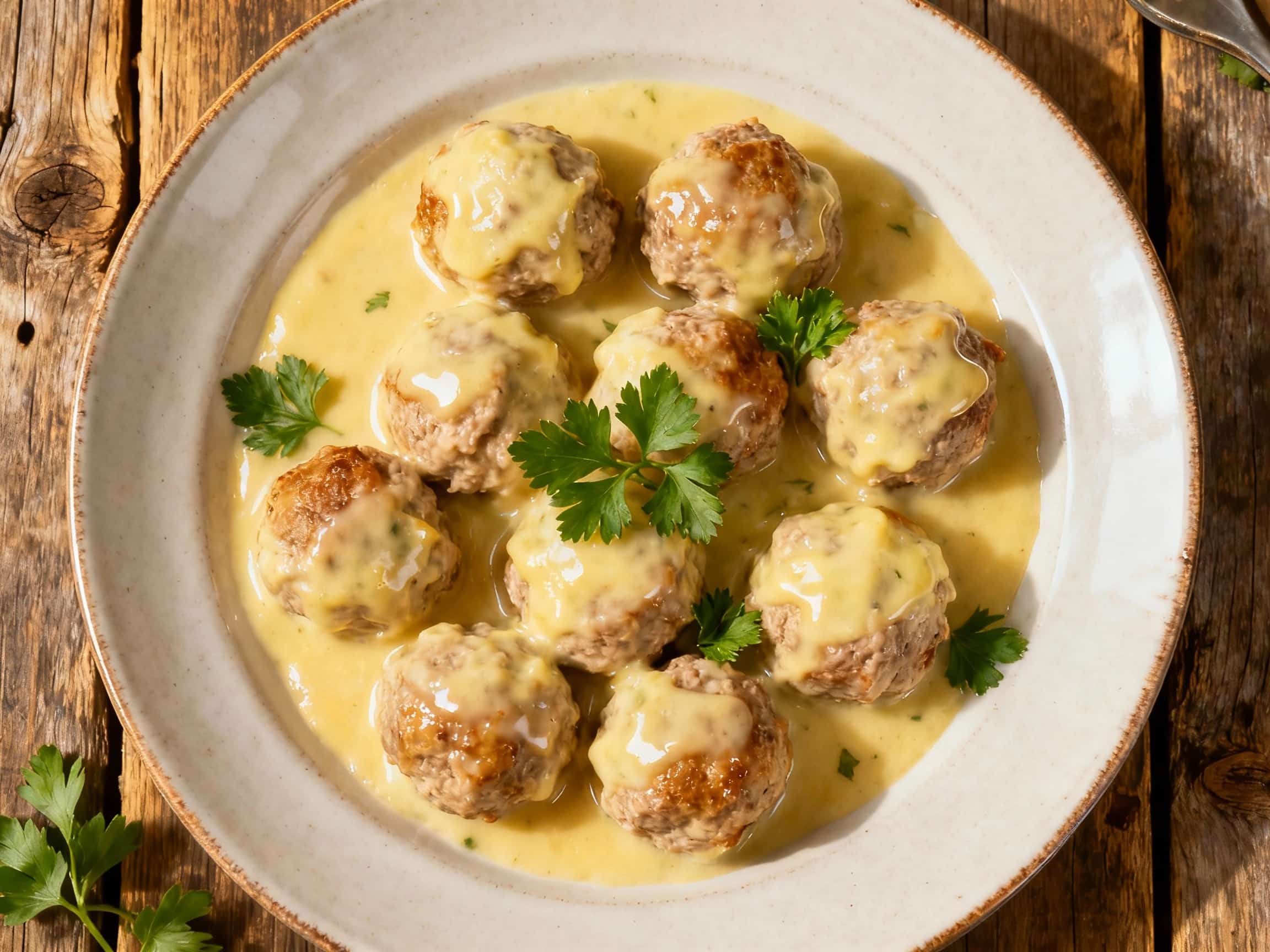 Plump, pale Königsberger Klopse meatballs are gently poached in a creamy caper sauce, served atop fluffy mashed potatoes and garnished with fresh parsley.