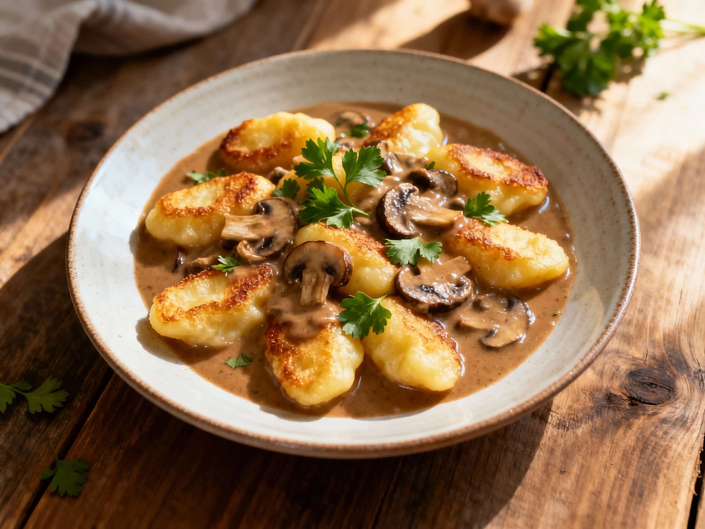 A comforting bowl of traditional Polish Kopytka, which are gnocchi-like potato dumplings, generously coated in a rich, creamy mushroom gravy. Sliced mushrooms and chopped parsley are visible, creating an appealing texture and color contrast. The dish is presented invitingly on a rustic table setting, suggesting a warm and hearty meal perfect for a family dinner.