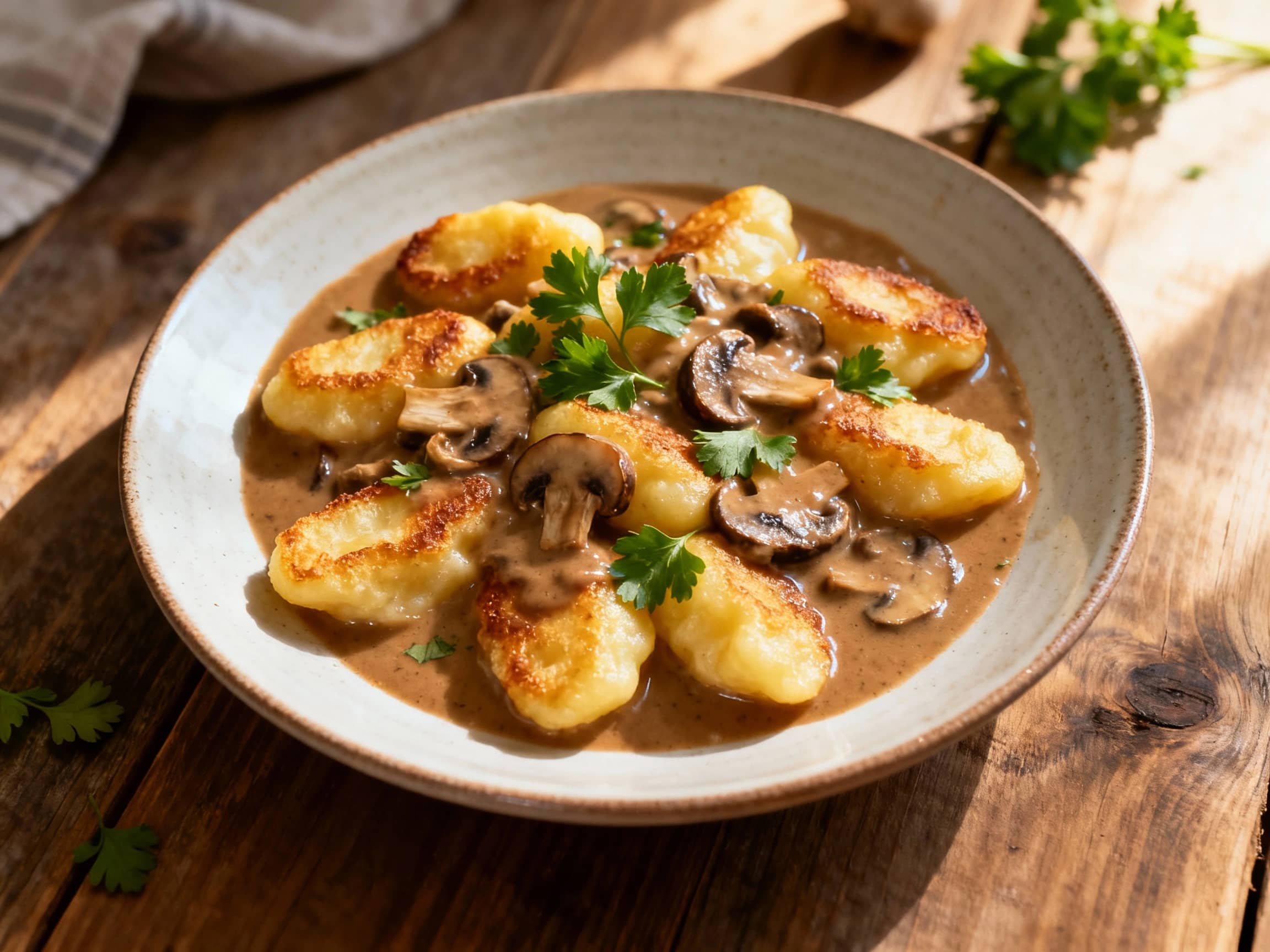 A comforting bowl of traditional Polish Kopytka, which are gnocchi-like potato dumplings, generously coated in a rich, creamy mushroom gravy. Sliced mushrooms and chopped parsley are visible, creating an appealing texture and color contrast. The dish is presented invitingly on a rustic table setting, suggesting a warm and hearty meal perfect for a family dinner.