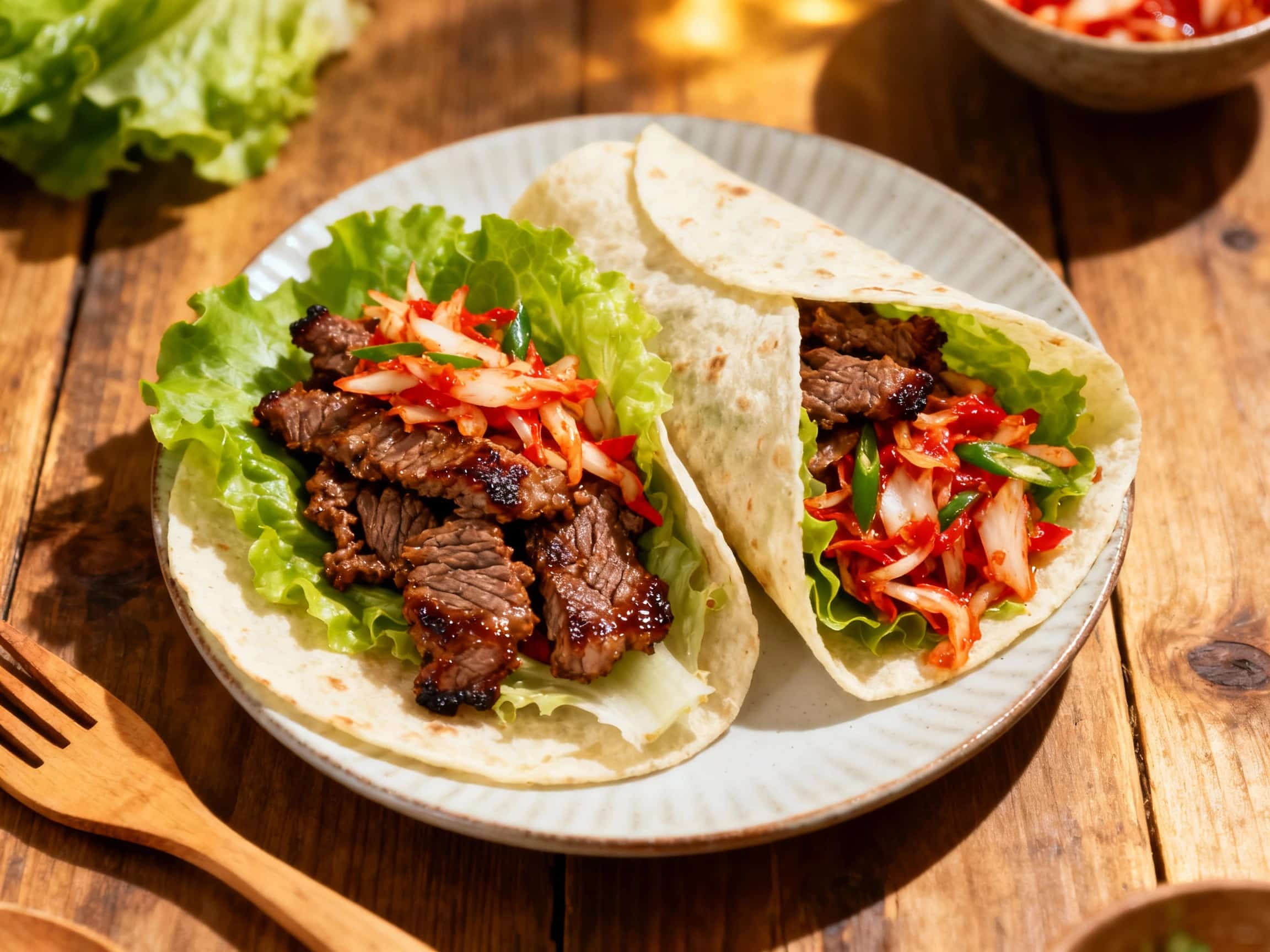 Tender, marinated Korean bulgogi beef is piled high on soft tortillas, topped with a vibrant, crunchy kimchi slaw and fresh cilantro, ready to be wrapped and enjoyed.