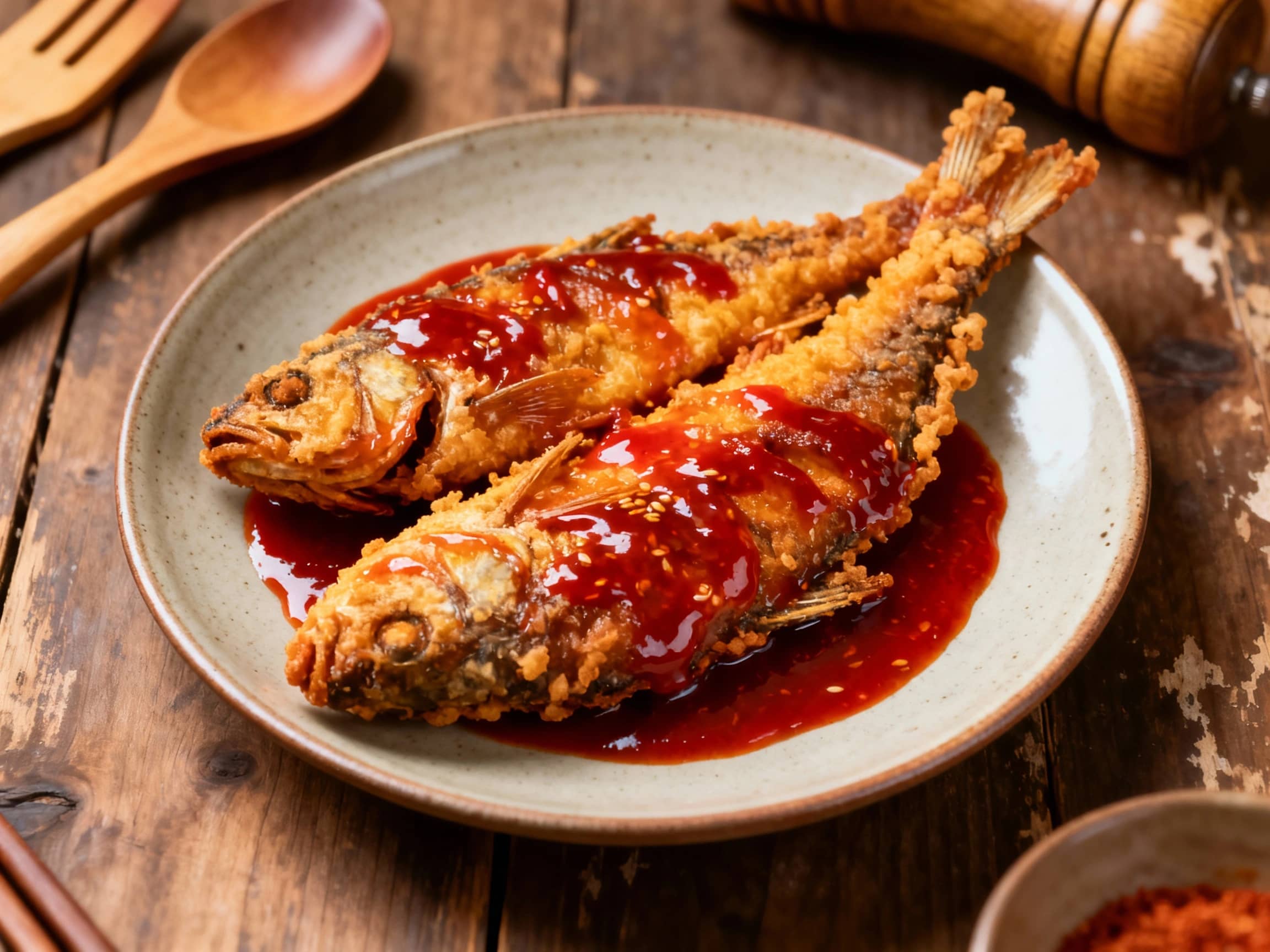 Several pieces of golden-brown Korean fried fish are coated in a vibrant, glossy red gochujang glaze, artfully arranged on a light ceramic plate. The fish is generously garnished with bright green sliced scallions and sprinkles of white toasted sesame seeds. A small bowl of refreshing quick-pickled cucumber slices rests subtly in the background. The overall presentation is appealing, showcasing th