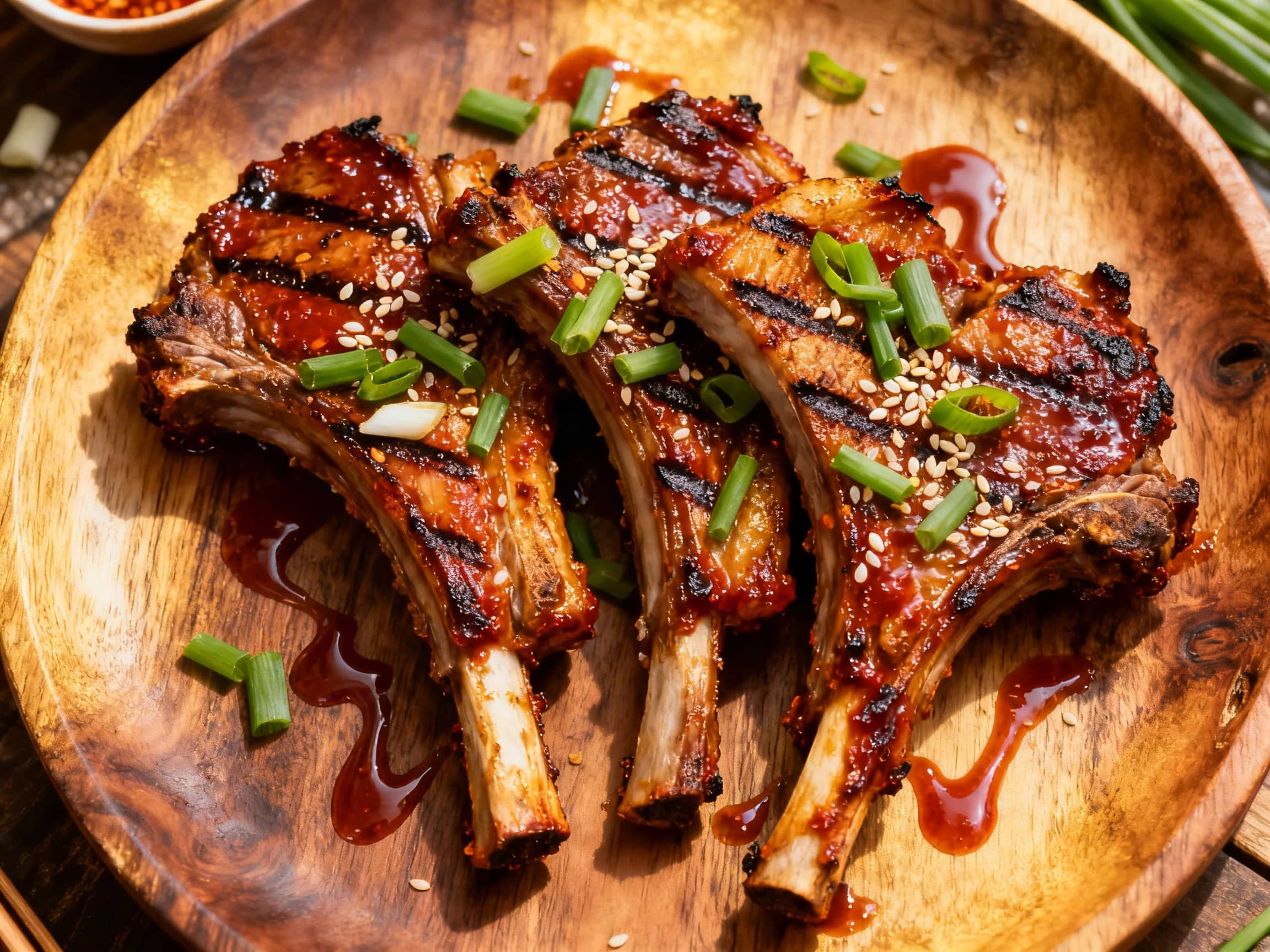 Platter of succulent, vividly red Korean Gochujang Grilled Lamb Ribs, glistening with a sweet and spicy marinade, resting on dark grill grates. The ribs are scattered with bright green scallions and toasted sesame seeds, creating a visually appealing and enticing presentation. The warm lighting suggests an outdoor barbecue setting, and the ribs appear perfectly charred and caramelized, ready to be