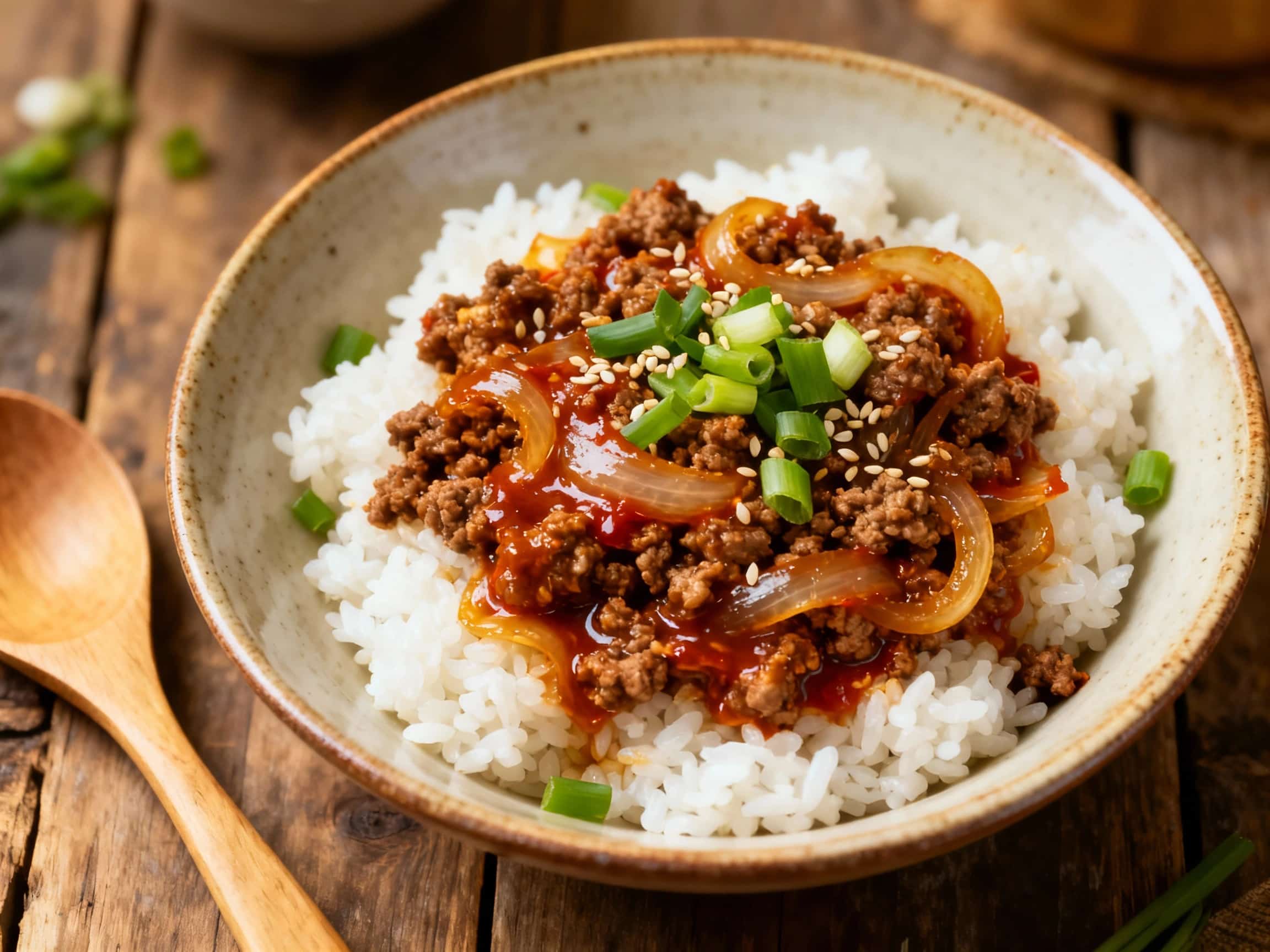 A vibrant Korean-style ground beef and rice bowl is topped with a sunny-side-up egg, fresh green onions, and a sprinkle of sesame seeds, all bathed in warm, appetizing light.